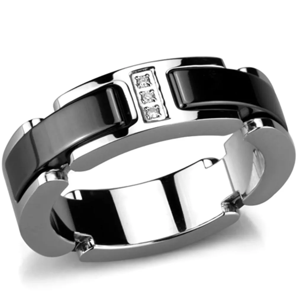 Black Stainless Steel Ceramic 3 Crystal Ring