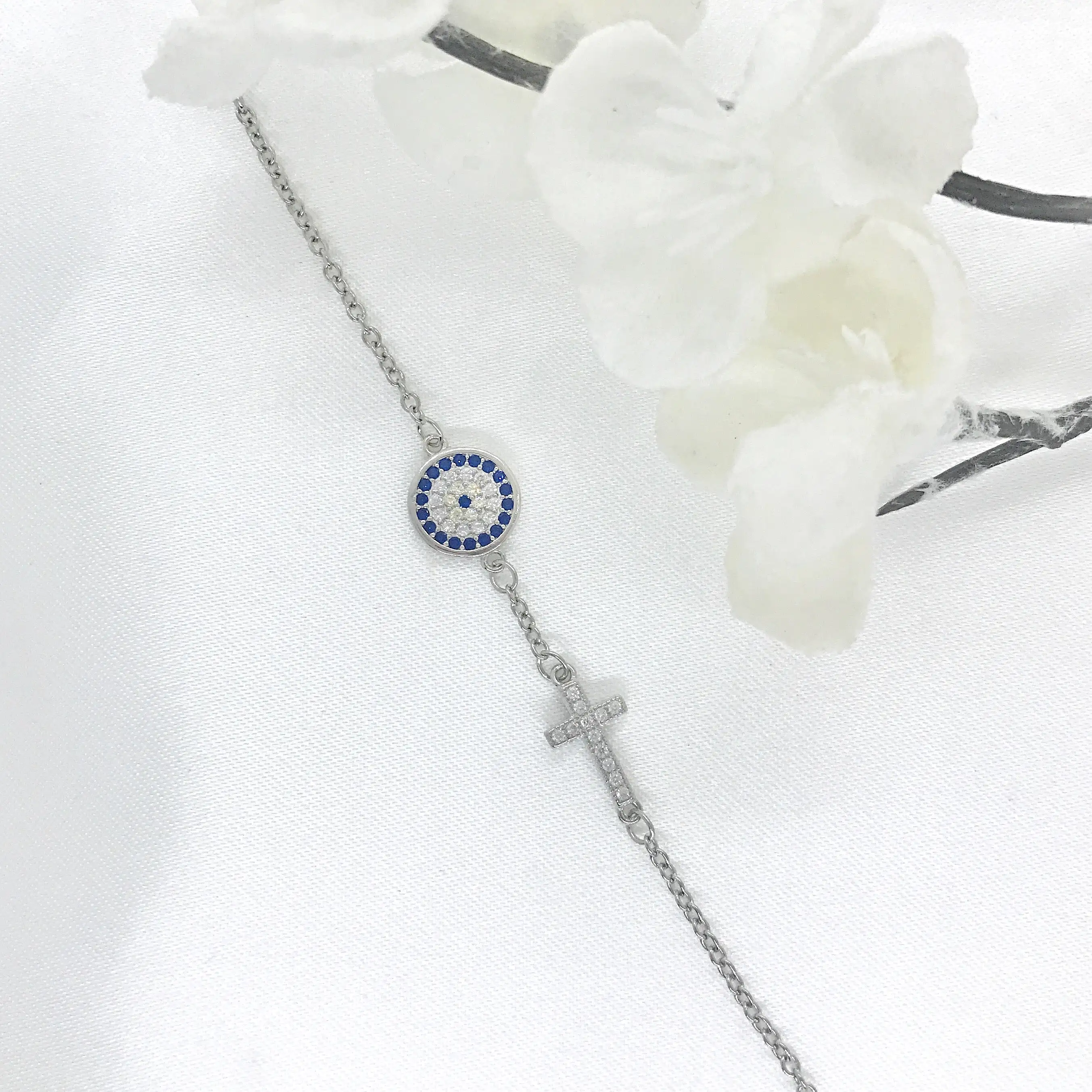 Children's Sterling Silver Evil Eye and Cross Bracelet