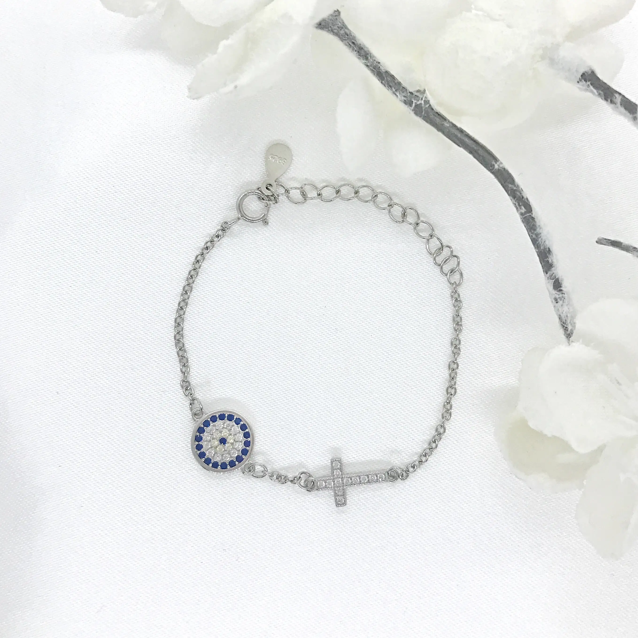 Children's Sterling Silver Evil Eye and Cross Bracelet