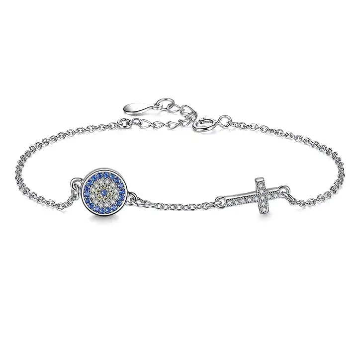 Children's Sterling Silver Evil Eye and Cross Bracelet