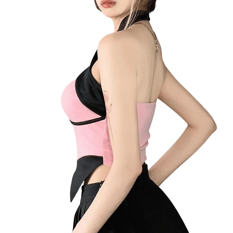 Contrast Color Halter Top / Sexy Pink and Black Backless Top / Women's Aesthetic Clothing