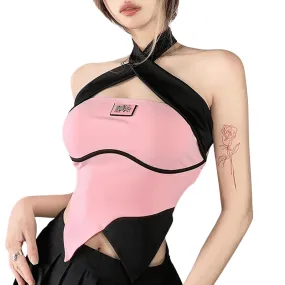 Contrast Color Halter Top / Sexy Pink and Black Backless Top / Women's Aesthetic Clothing