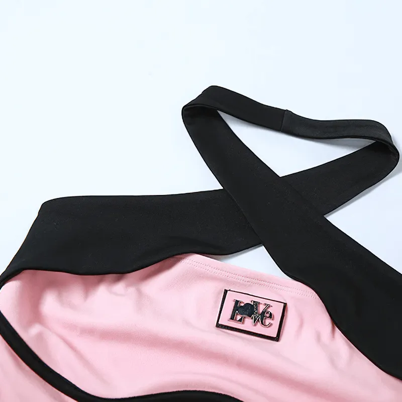 Contrast Color Halter Top / Sexy Pink and Black Backless Top / Women's Aesthetic Clothing