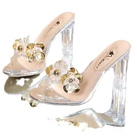 Crystal thick transparent and rhinestone flower women's sandals