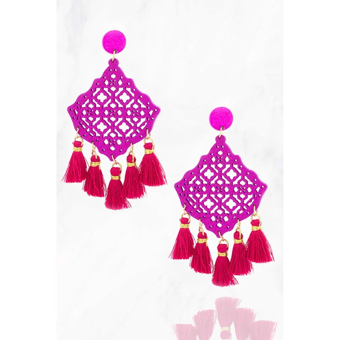 Cutout Wood Earrings With Tassel- Fuchsia