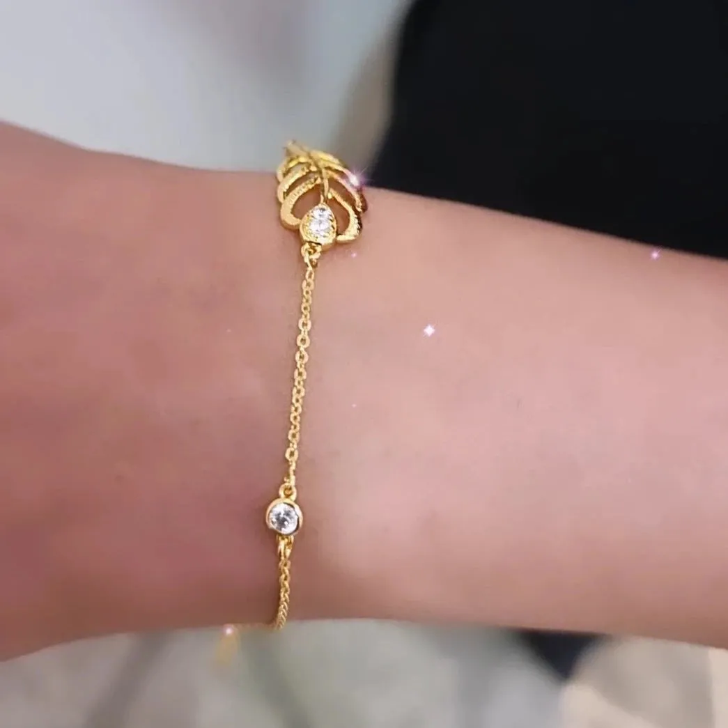 CZ Crystal Leaf Bracelet-24k Gold Plated