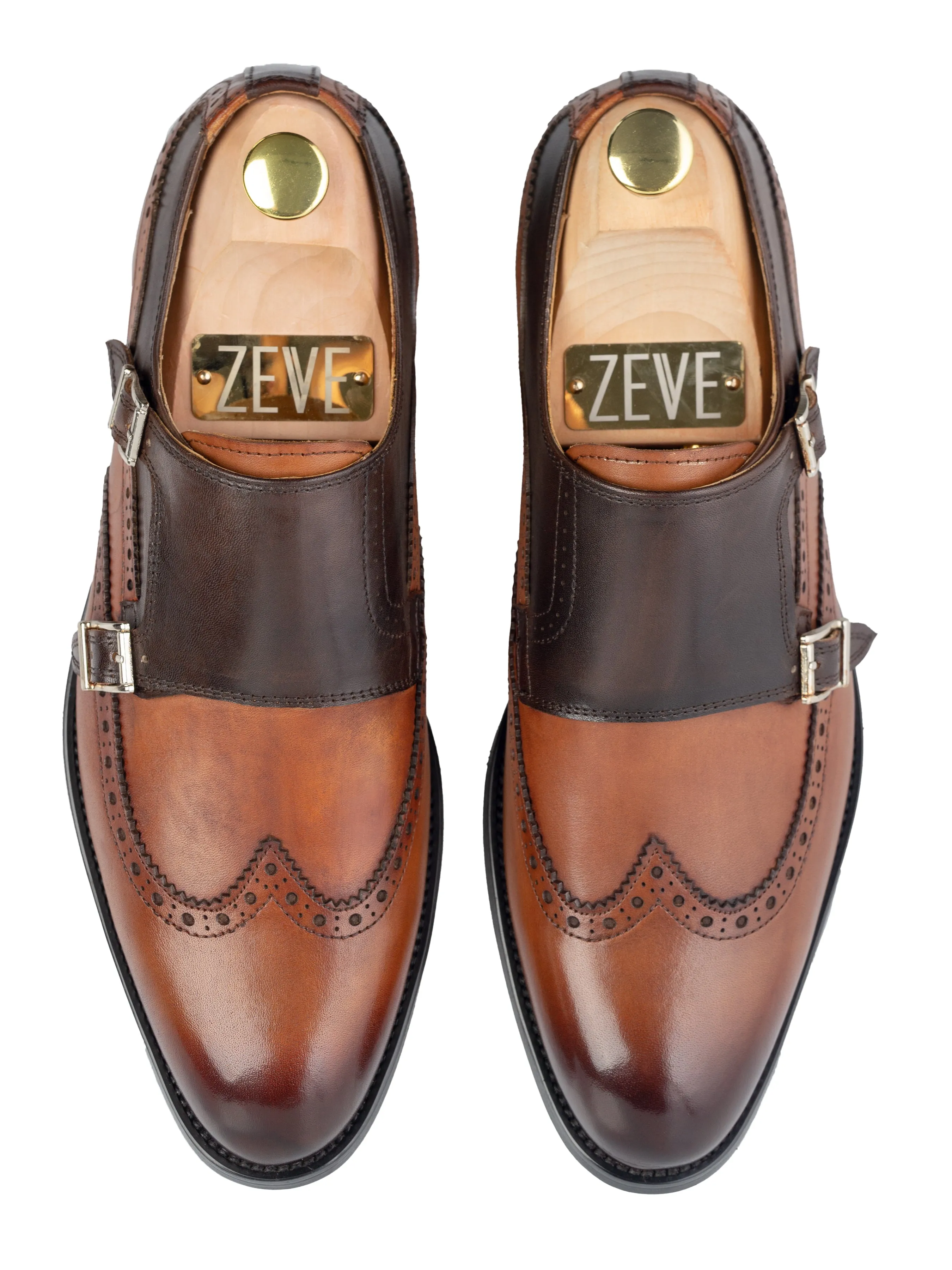 Double Monk Strap Brogue Wingtip - Duo-Tone Cognac Tan (Hand Painted Patina)