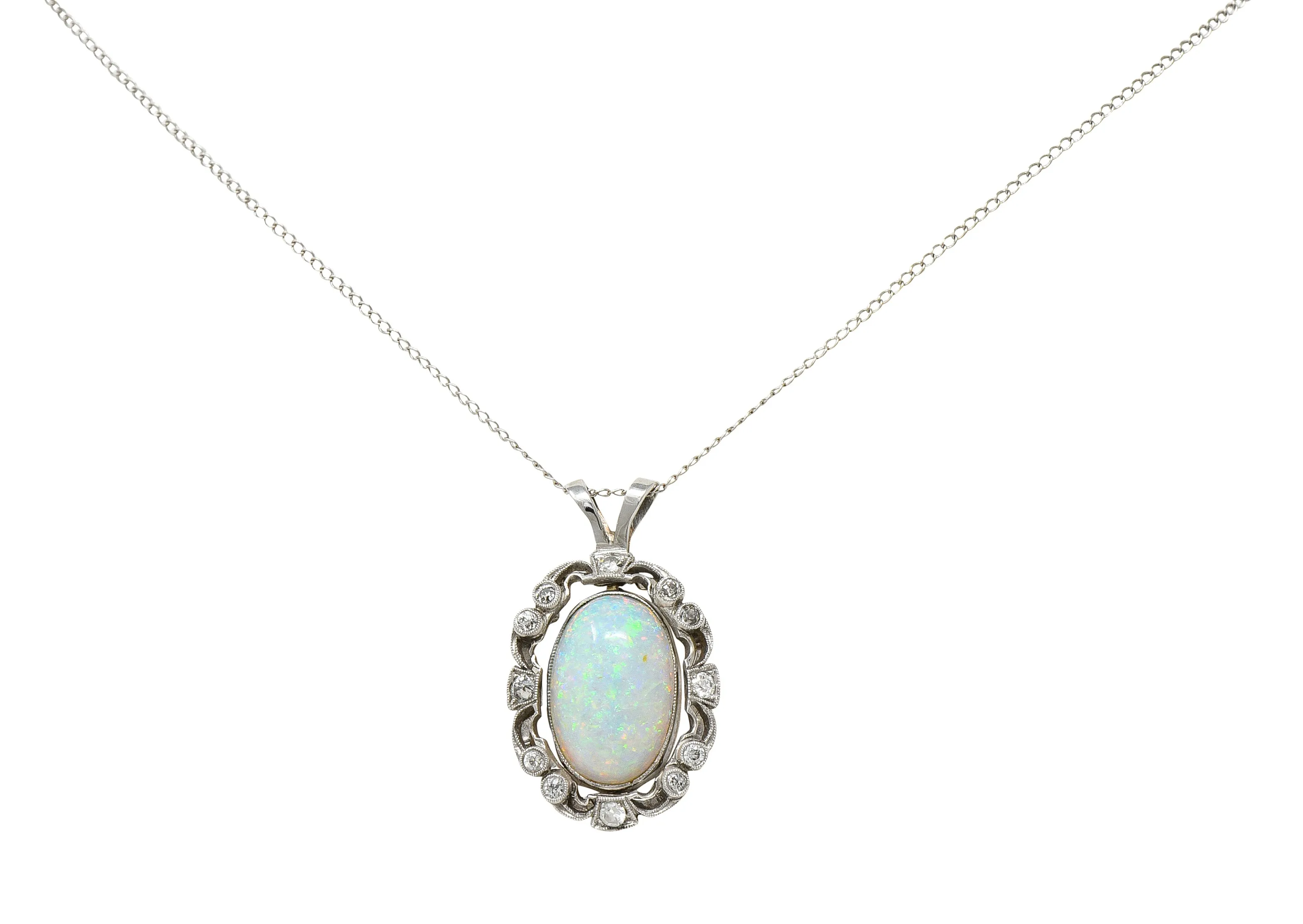 Edwardian Opal Diamond Platinum Wreath Pendant Necklace