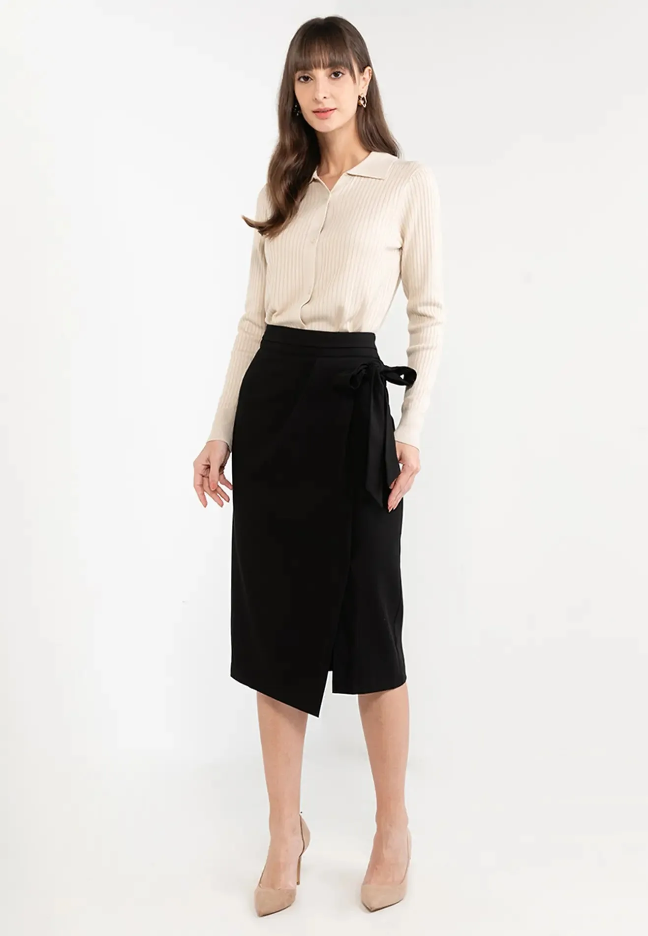 ELLE Apparel High Waisted Ribbon Tie Midi Skirt