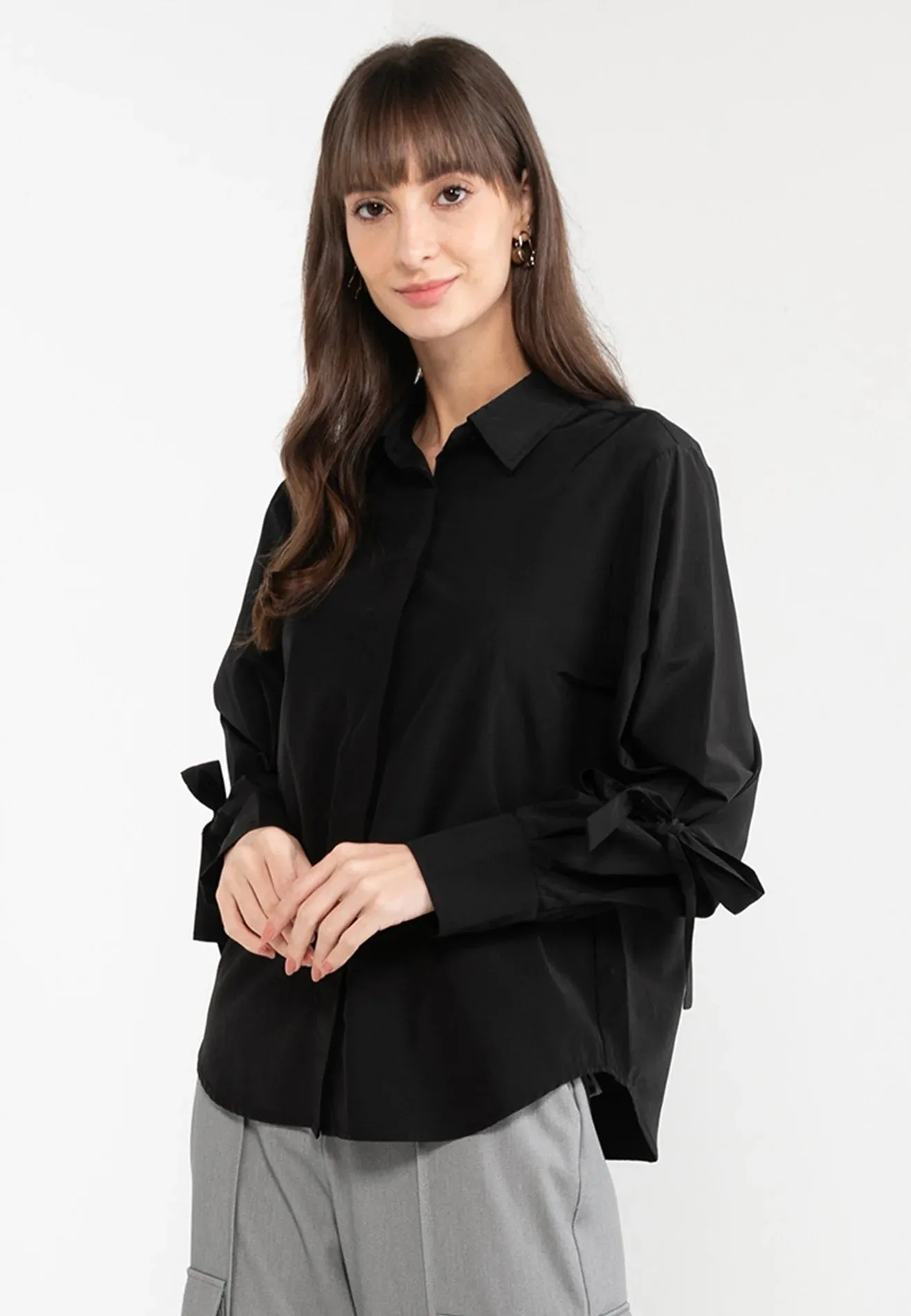 ELLE Apparel Long Sleeves Ribbon Tie Collar Shirt