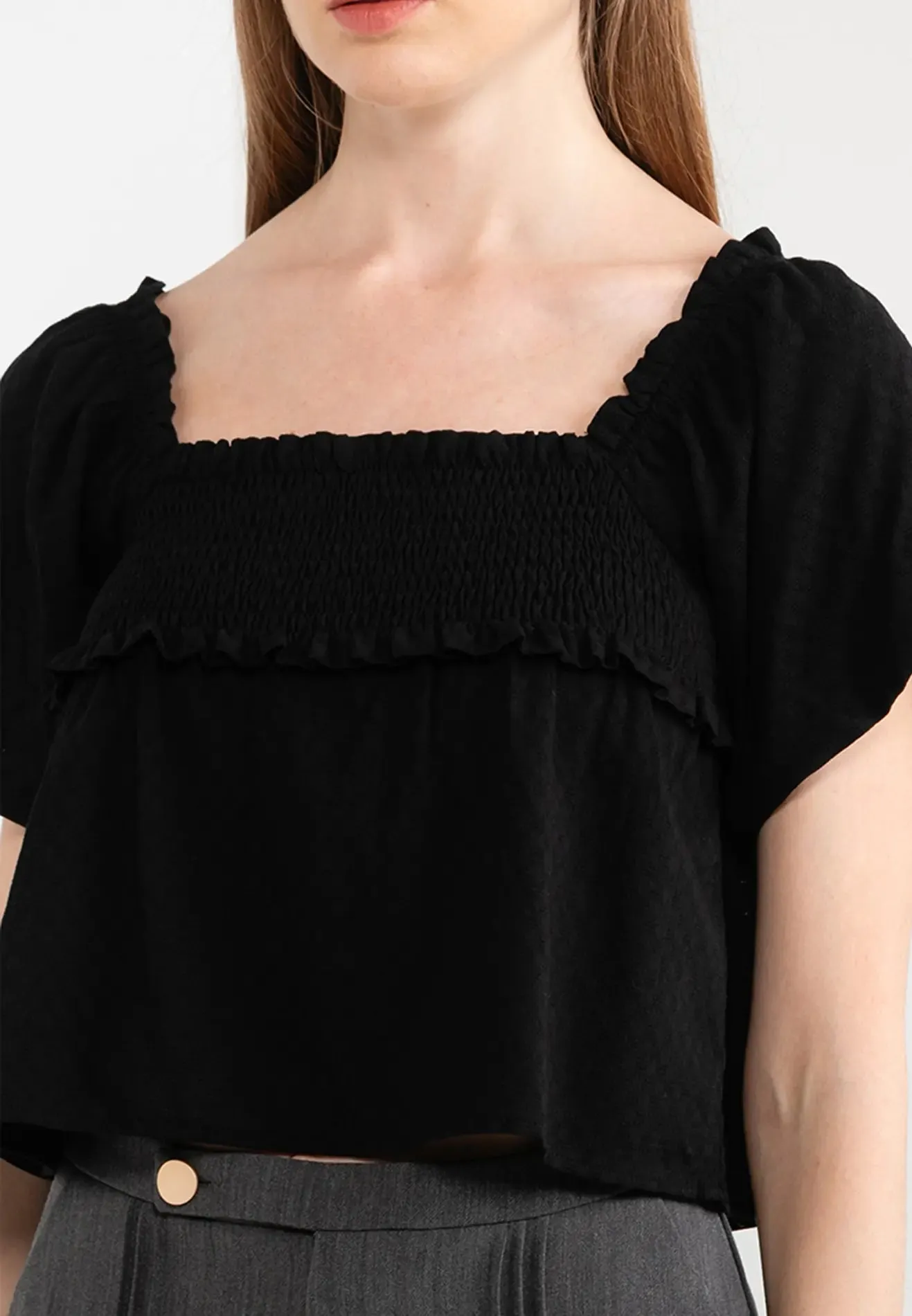 ELLE Apparel Puff Sleeves Smocked Crop Top