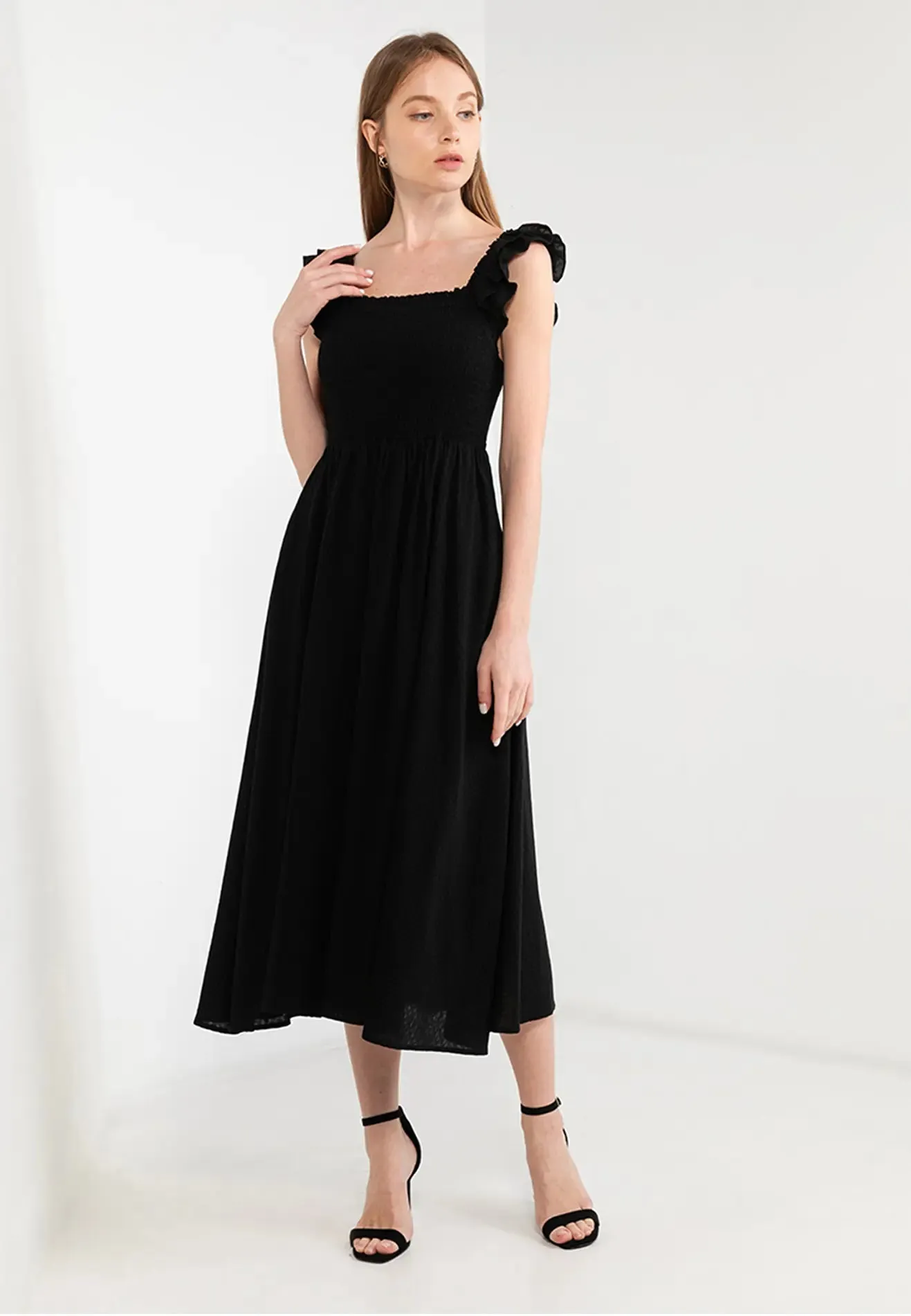 ELLE Apparel Ruffle Sleeves Square Neck Midi Dress