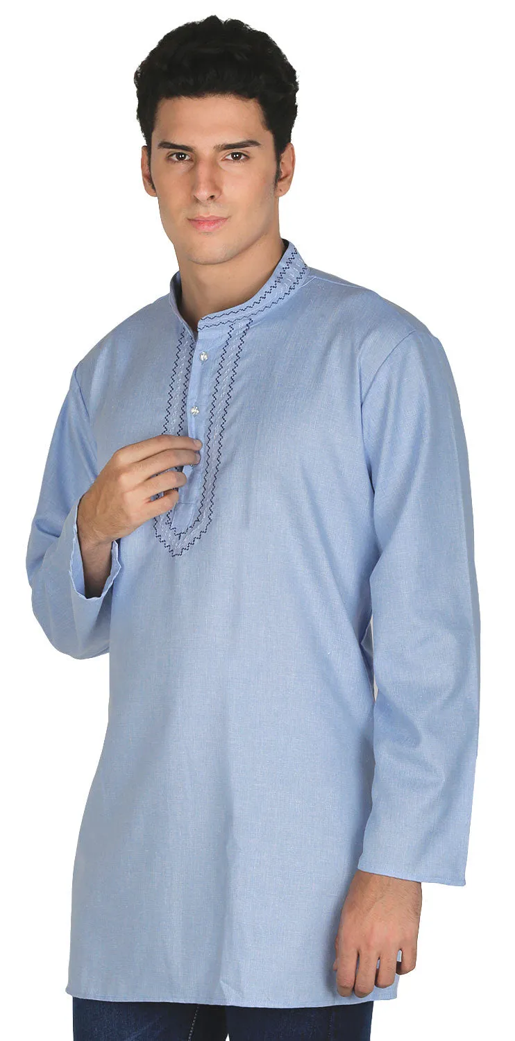 Embroidered Cotton Dress Mens Short Kurta Shirt India Clothing (Sky Blue)