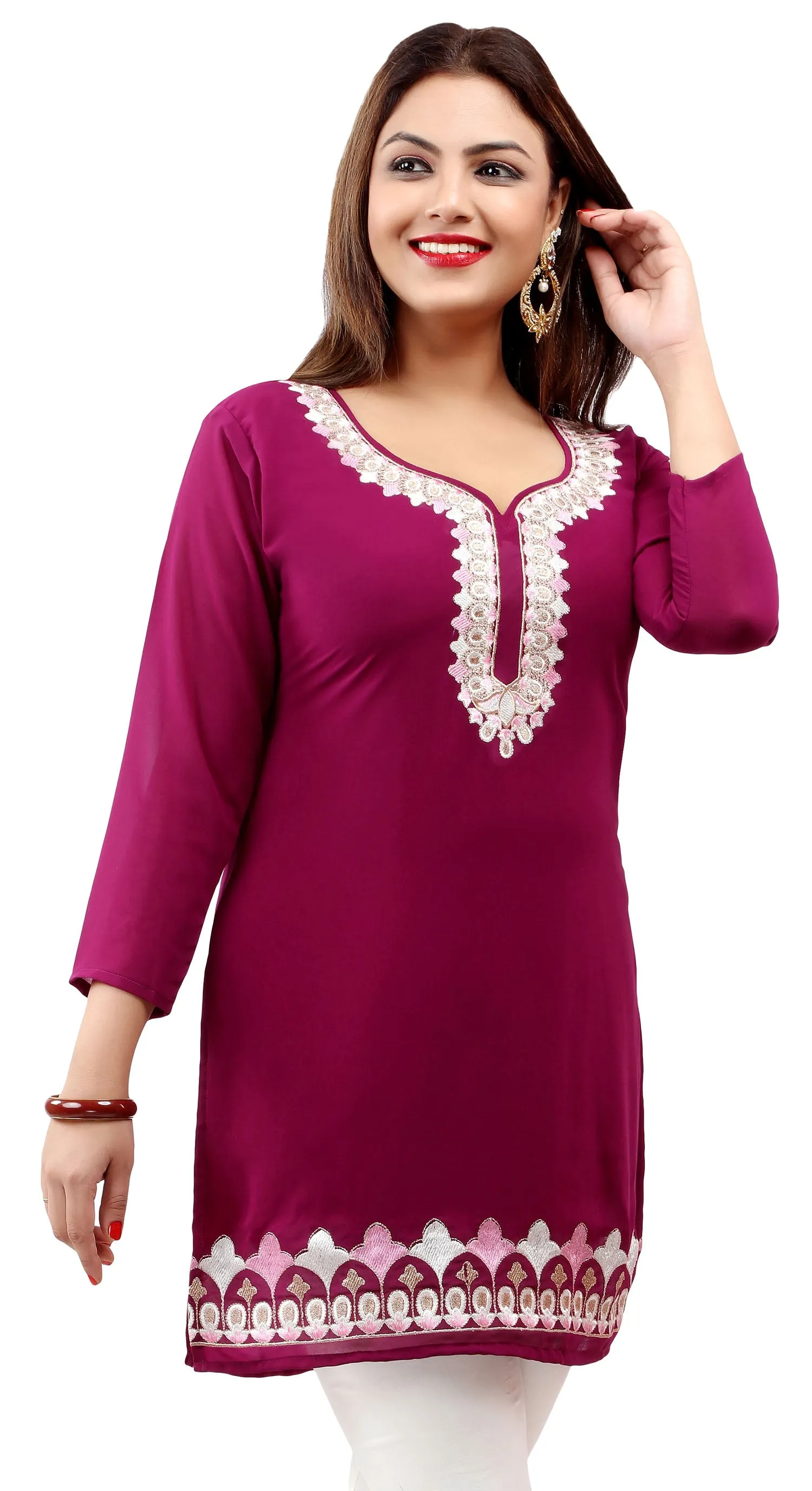 Embroidered Indian Clothing Women's Tunic Top Kurti  Blouse (Magenta)