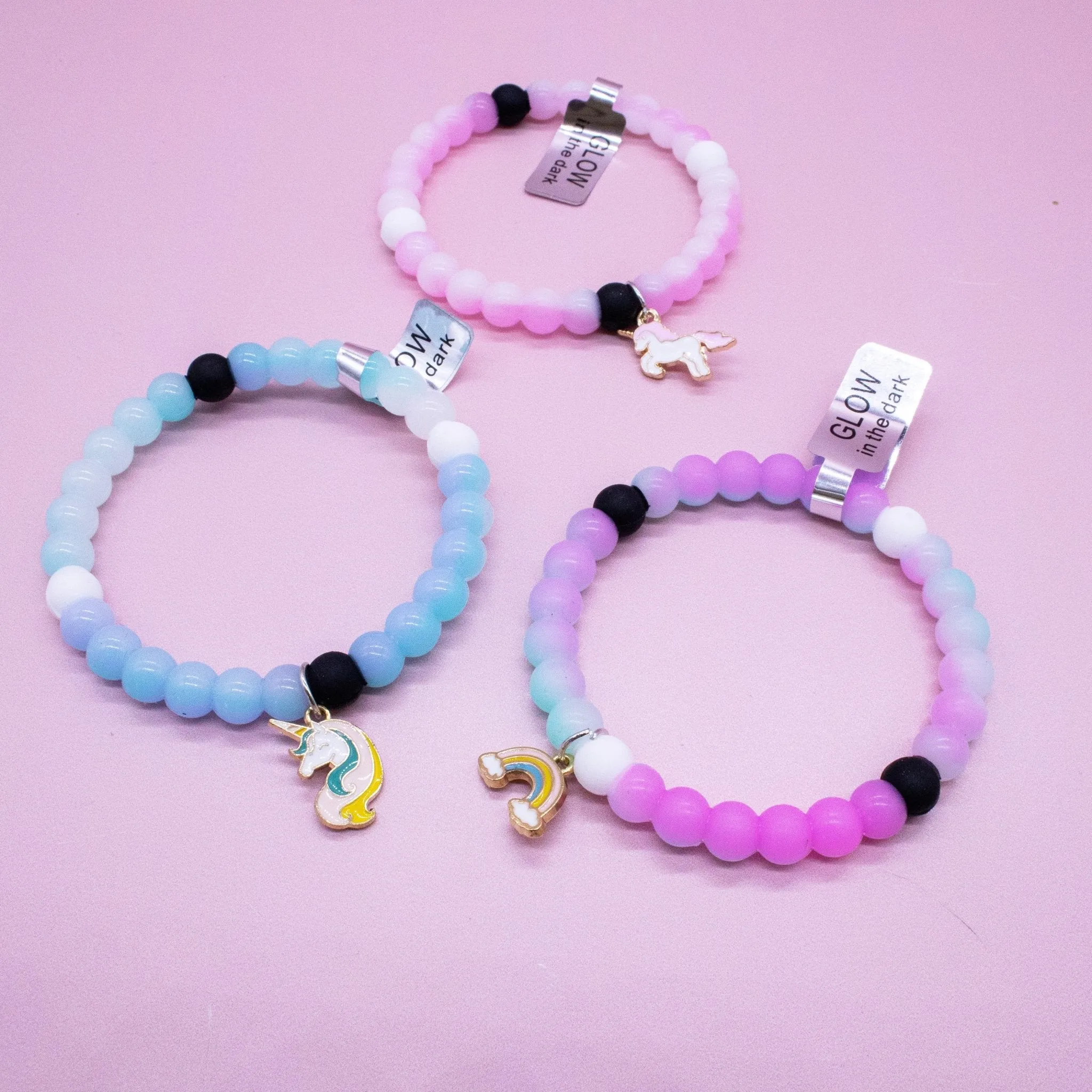 Glow in the Dark Unicorn Charm Bubble Bracelets - 3 Pack