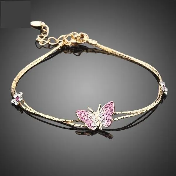 Gold Color Austrian Crystal Butterfly and Flower Charm Bracelet