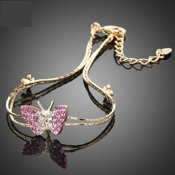 Gold Color Austrian Crystal Butterfly and Flower Charm Bracelet