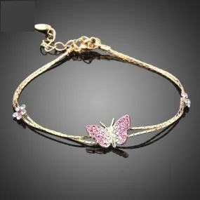 Gold Color Austrian Crystal Butterfly and Flower Charm Bracelet