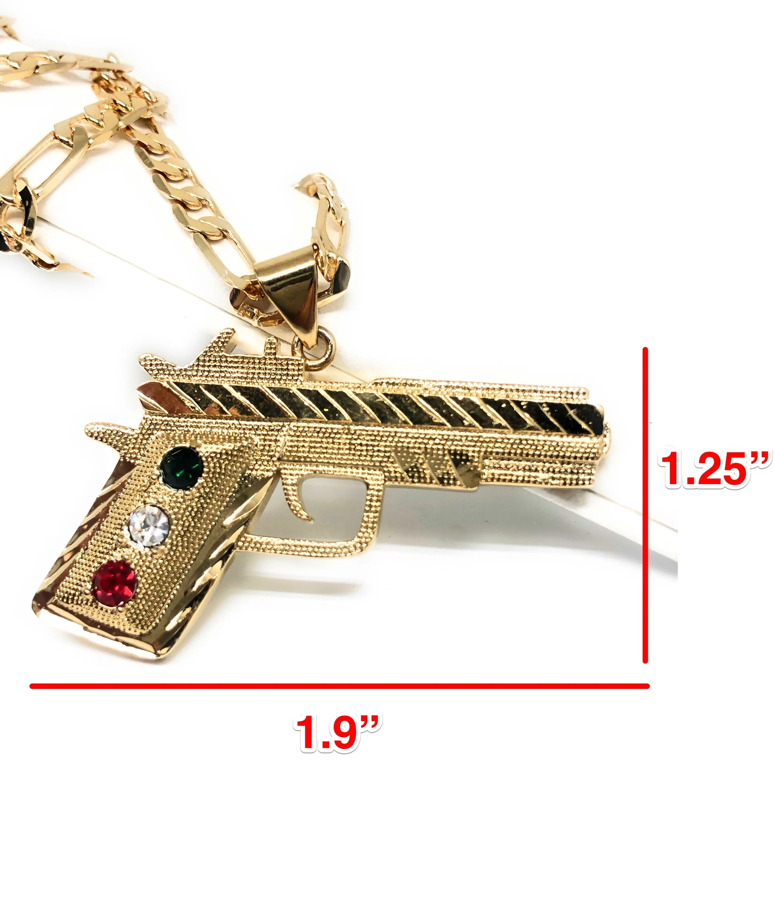 Gold Plated 45 Caliber Gun Pendant Necklace Pistola 45 Calibre Medalla 26 Figaro Chain 5mm