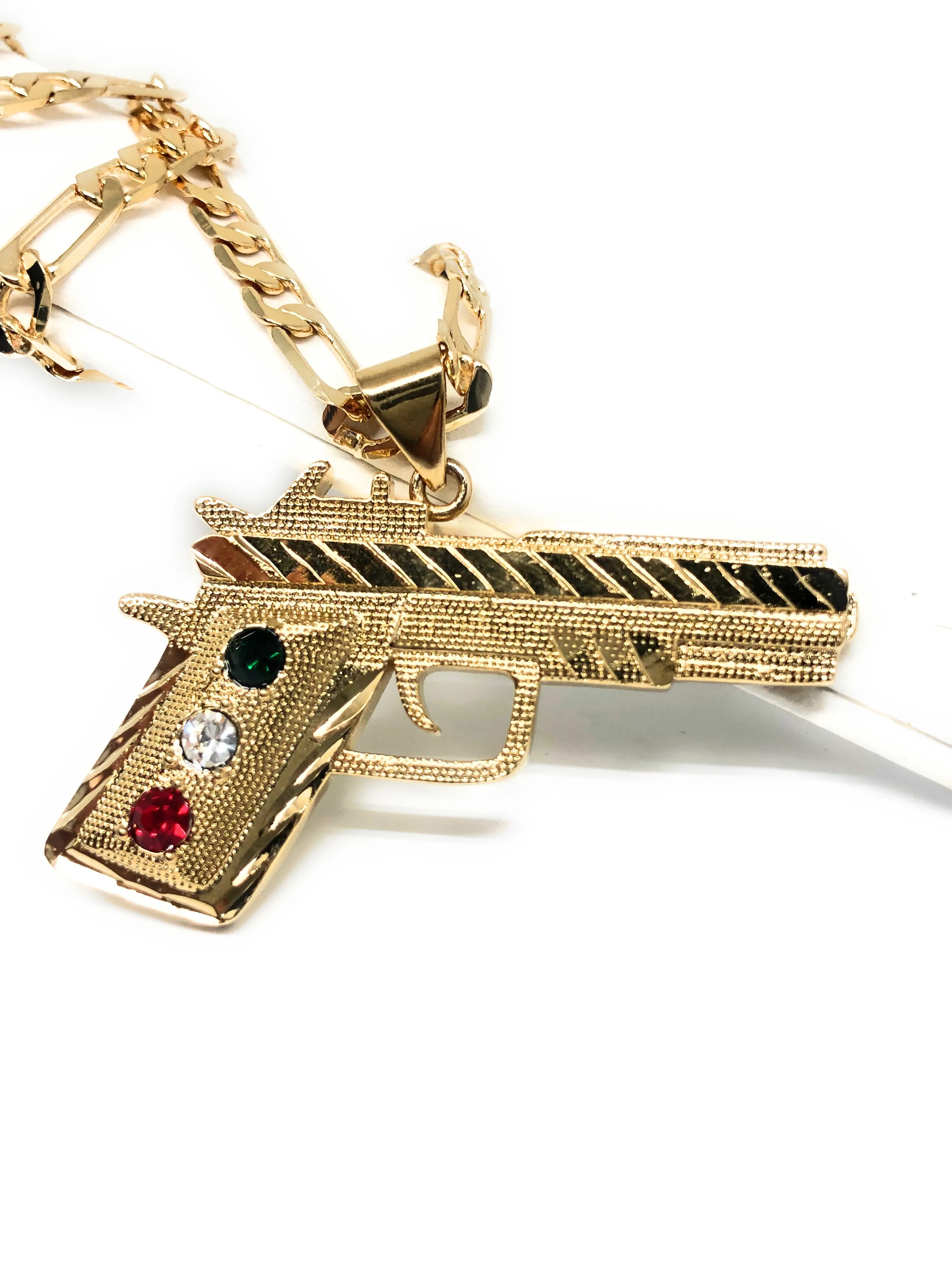 Gold Plated 45 Caliber Gun Pendant Necklace Pistola 45 Calibre Medalla 26 Figaro Chain 5mm