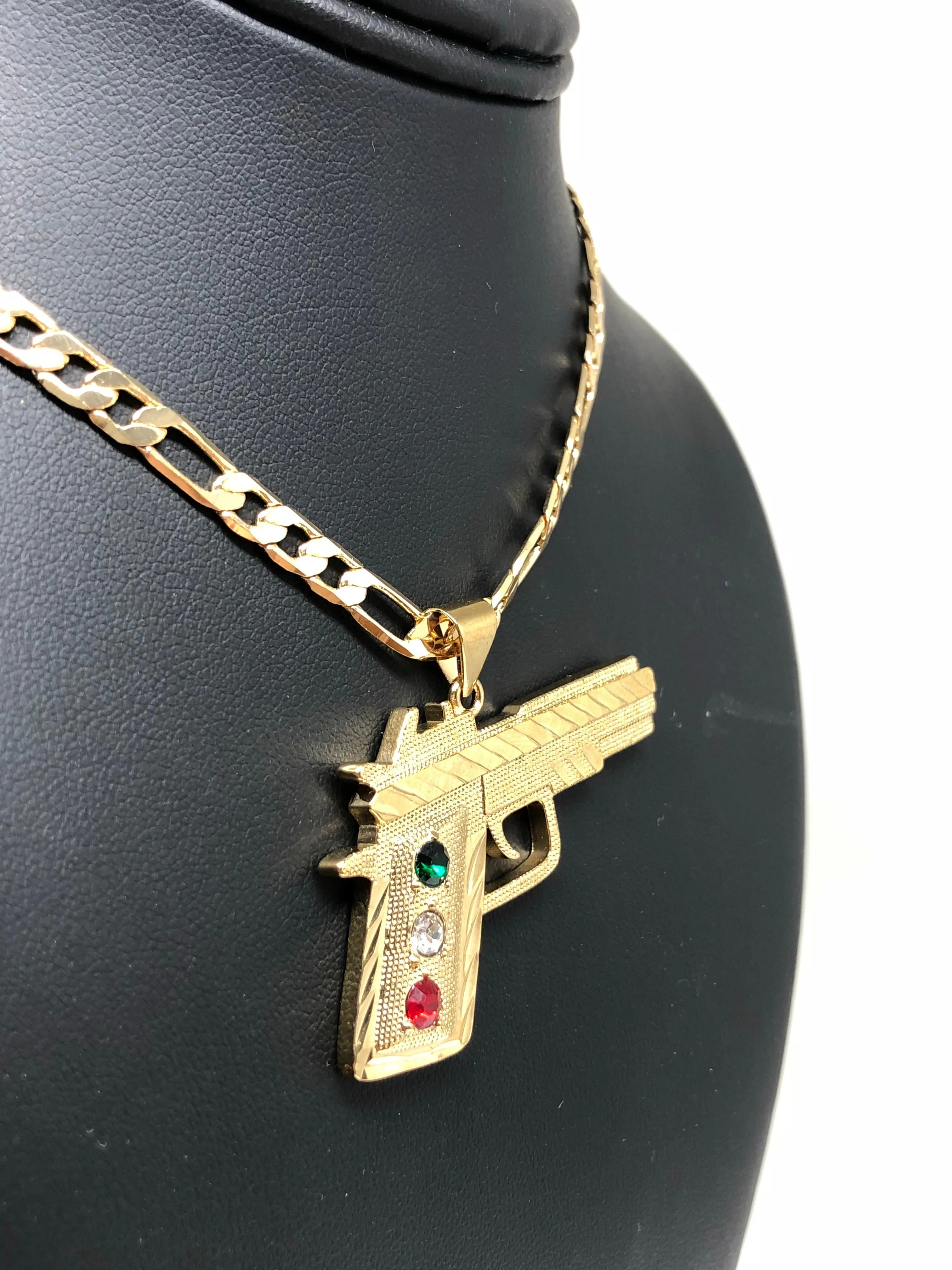 Gold Plated 45 Caliber Gun Pendant Necklace Pistola 45 Calibre Medalla 26 Figaro Chain 5mm