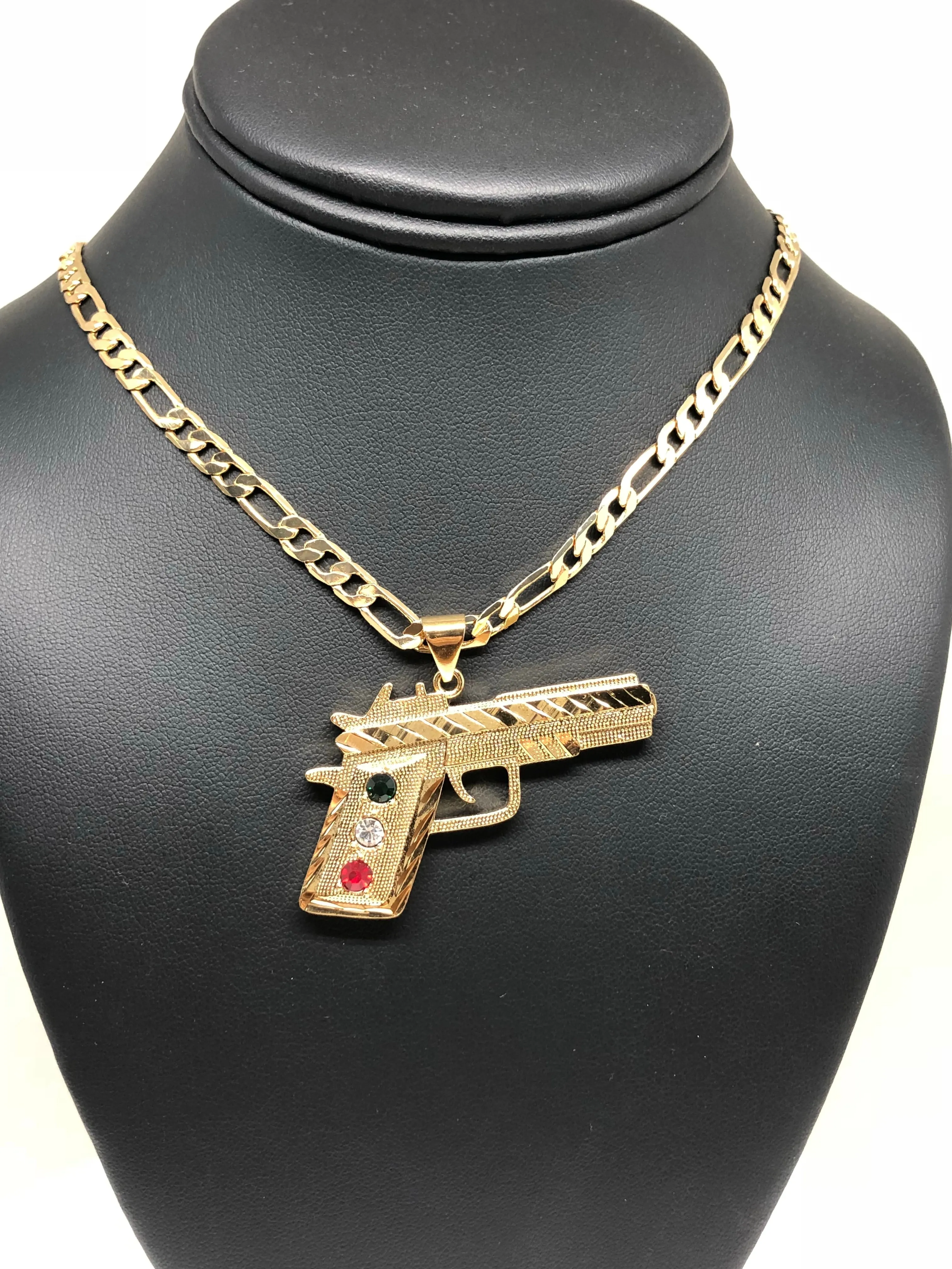 Gold Plated 45 Caliber Gun Pendant Necklace Pistola 45 Calibre Medalla 26 Figaro Chain 5mm