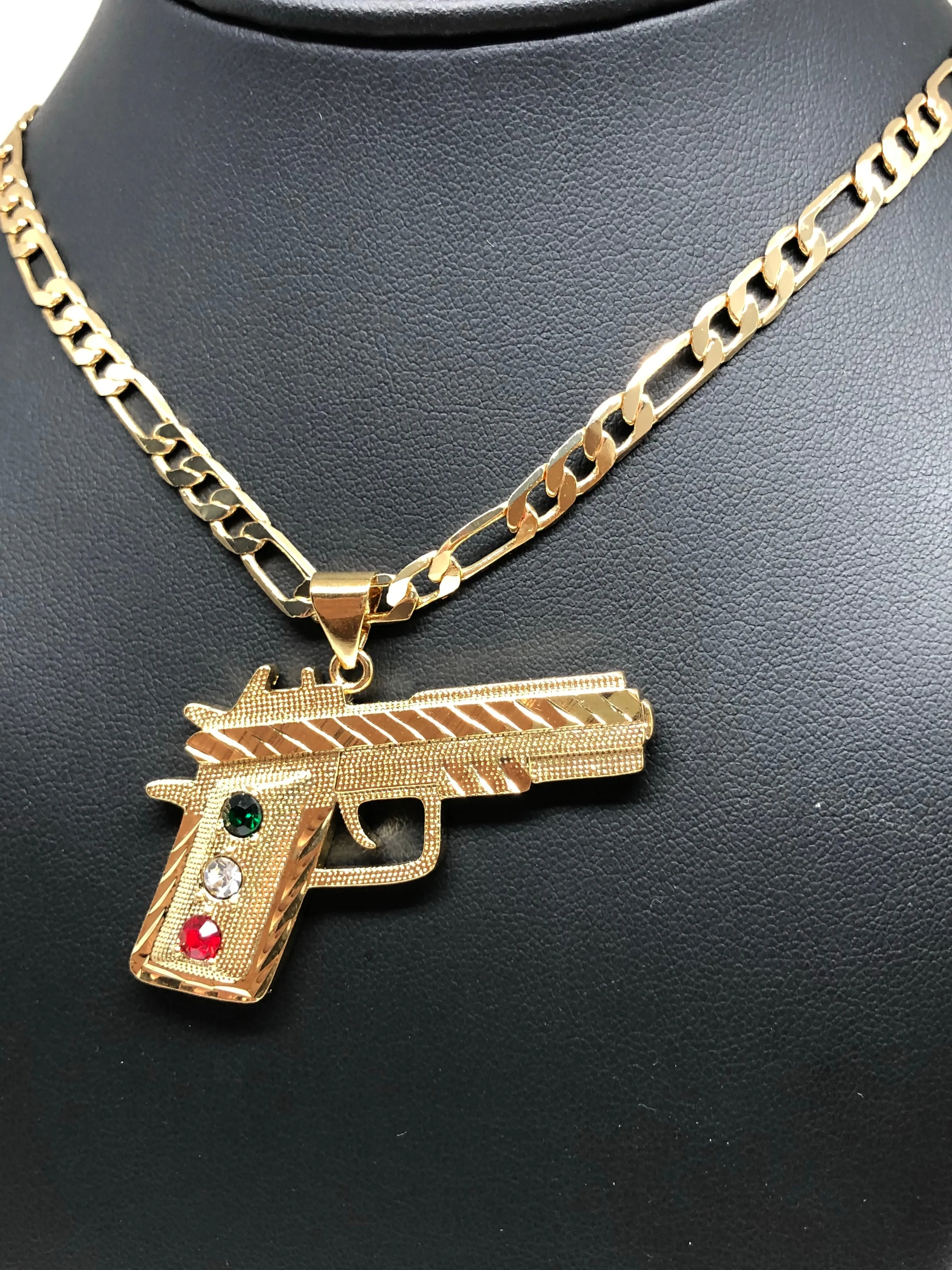 Gold Plated 45 Caliber Gun Pendant Necklace Pistola 45 Calibre Medalla 26 Figaro Chain 5mm