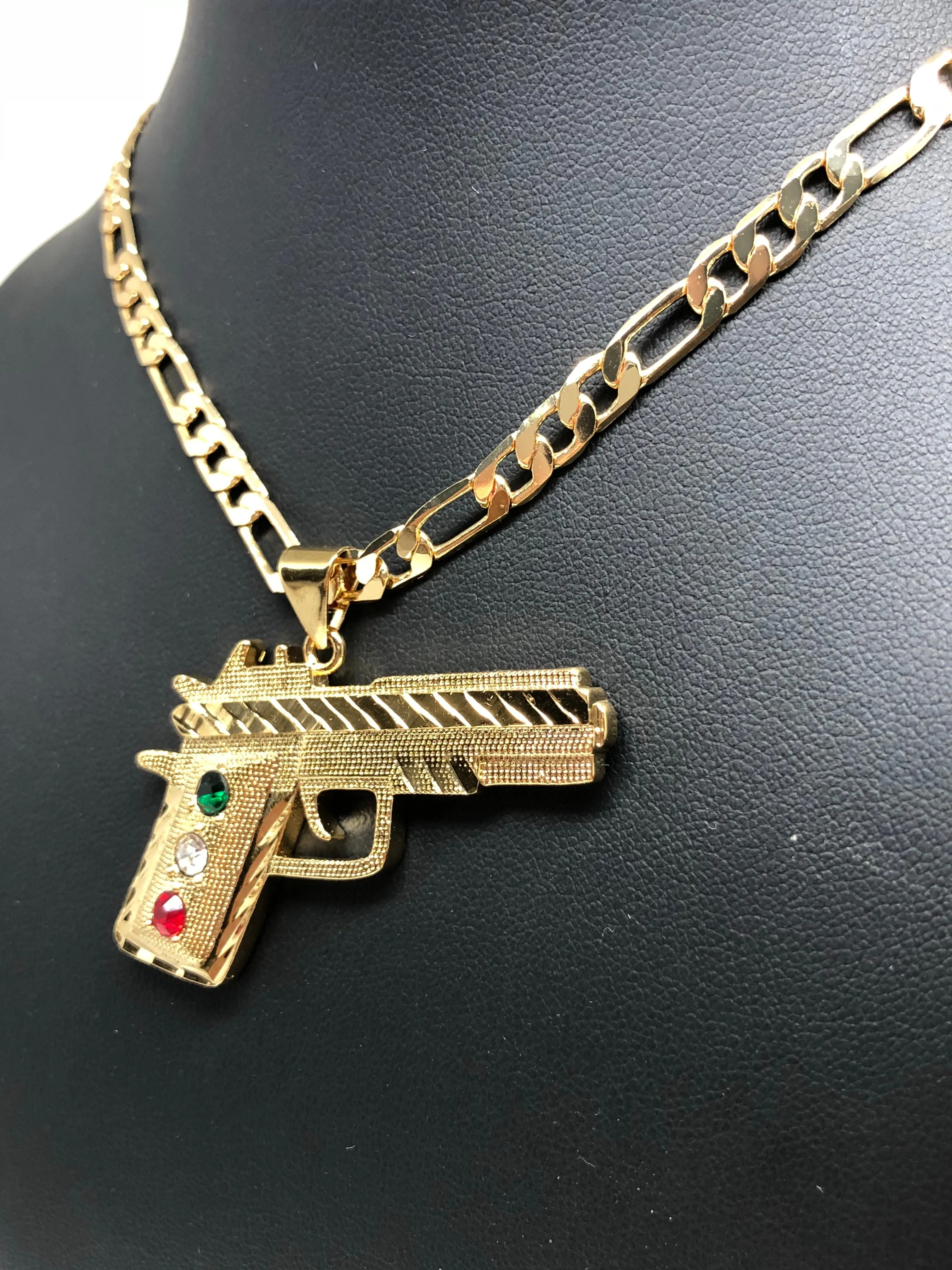 Gold Plated 45 Caliber Gun Pendant Necklace Pistola 45 Calibre Medalla 26 Figaro Chain 5mm