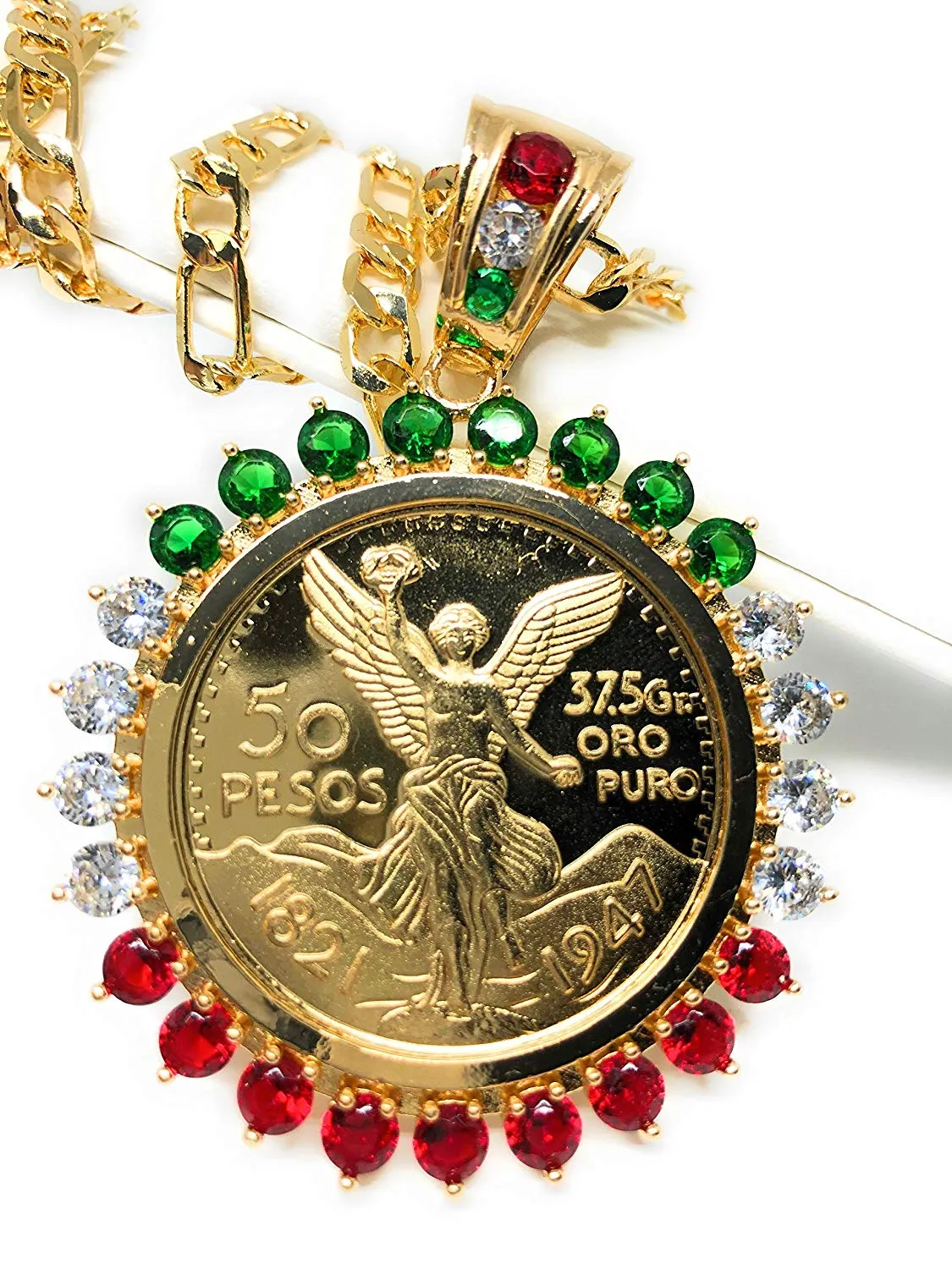 Gold Plated Coin Centenario Mexicano Moneda 50 Pesos Pendant Chain CZ Oro Cadena 26