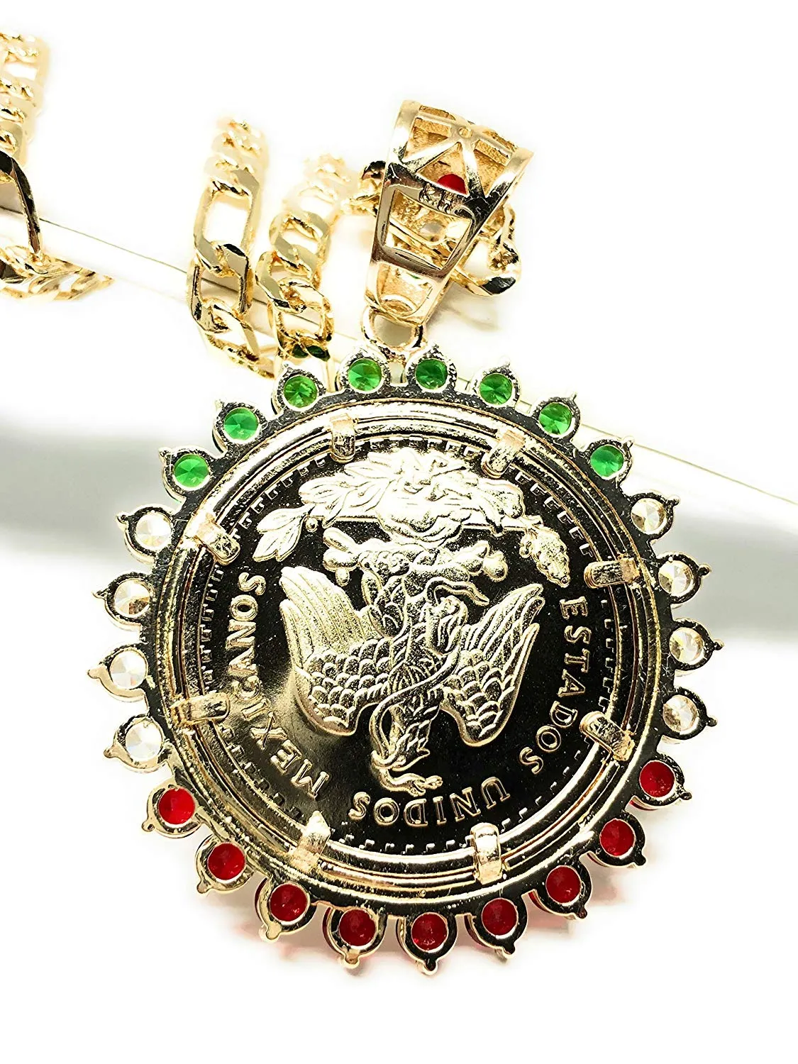 Gold Plated Coin Centenario Mexicano Moneda 50 Pesos Pendant Chain CZ Oro Cadena 26