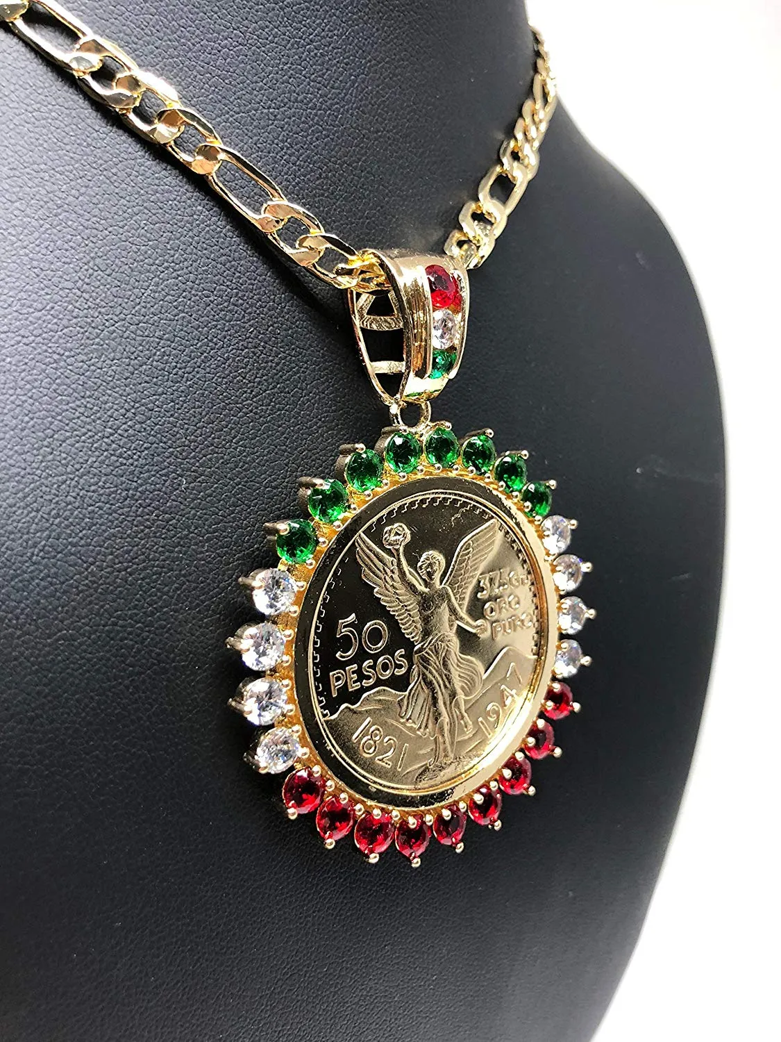 Gold Plated Coin Centenario Mexicano Moneda 50 Pesos Pendant Chain CZ Oro Cadena 26