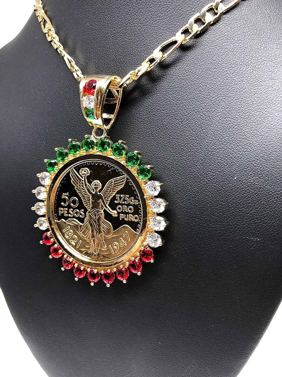 Gold Plated Coin Centenario Mexicano Moneda 50 Pesos Pendant Chain CZ Oro Cadena 26