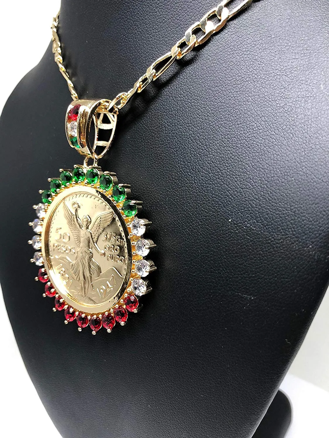 Gold Plated Coin Centenario Mexicano Moneda 50 Pesos Pendant Chain CZ Oro Cadena 26