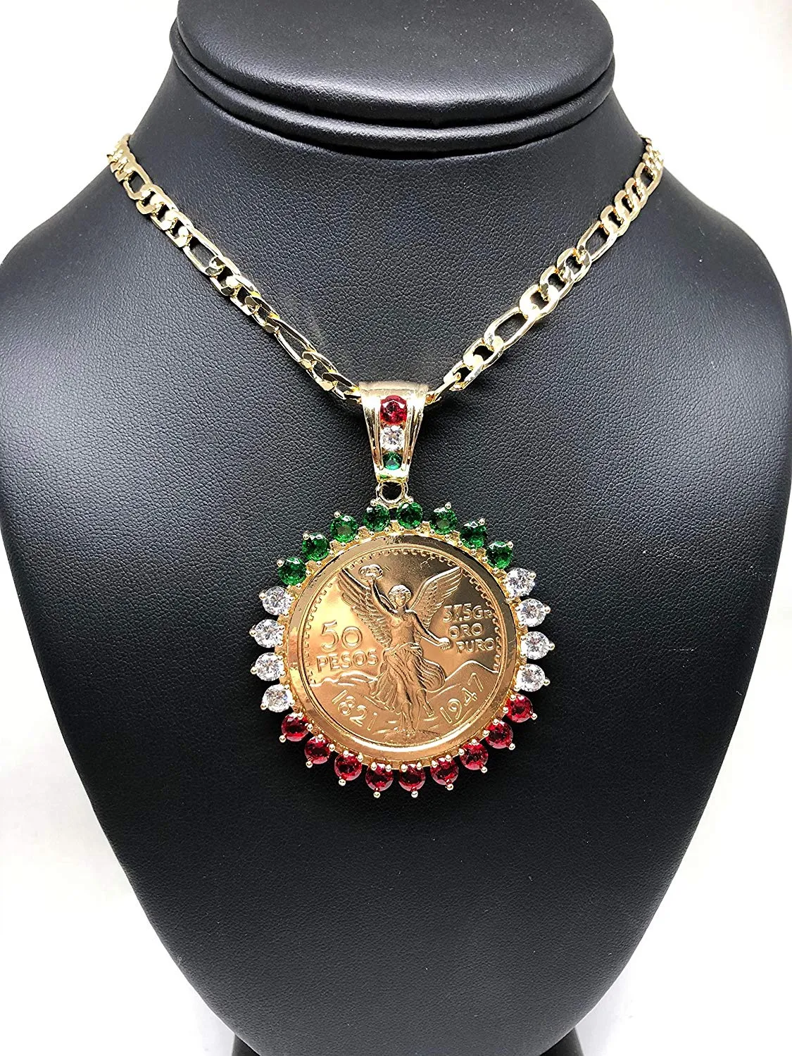 Gold Plated Coin Centenario Mexicano Moneda 50 Pesos Pendant Chain CZ Oro Cadena 26