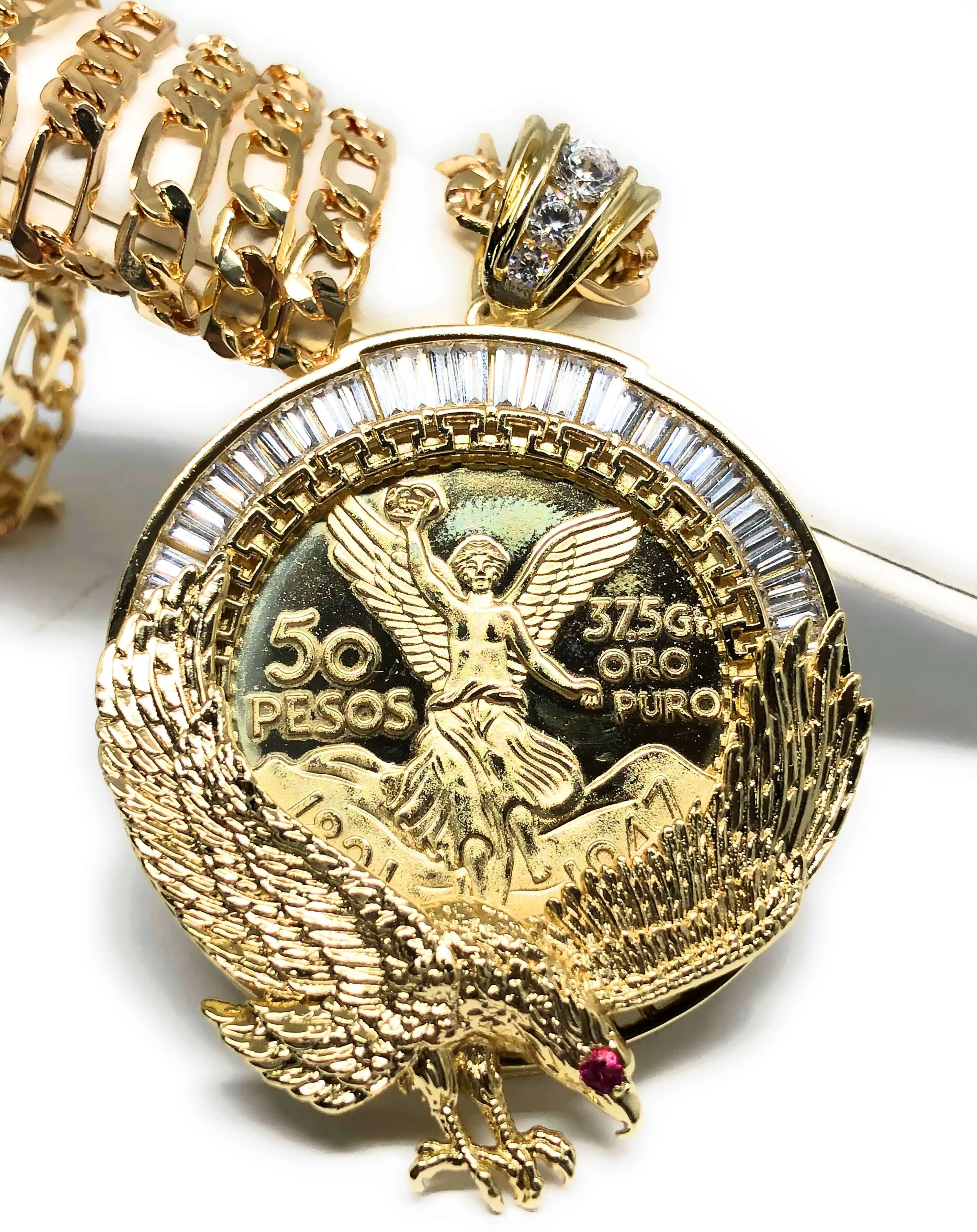 Gold Plated Coin Eagle Centenario Mexicano Moneda 50 Pesos Pendant Chain CZ Oro Cadena 26