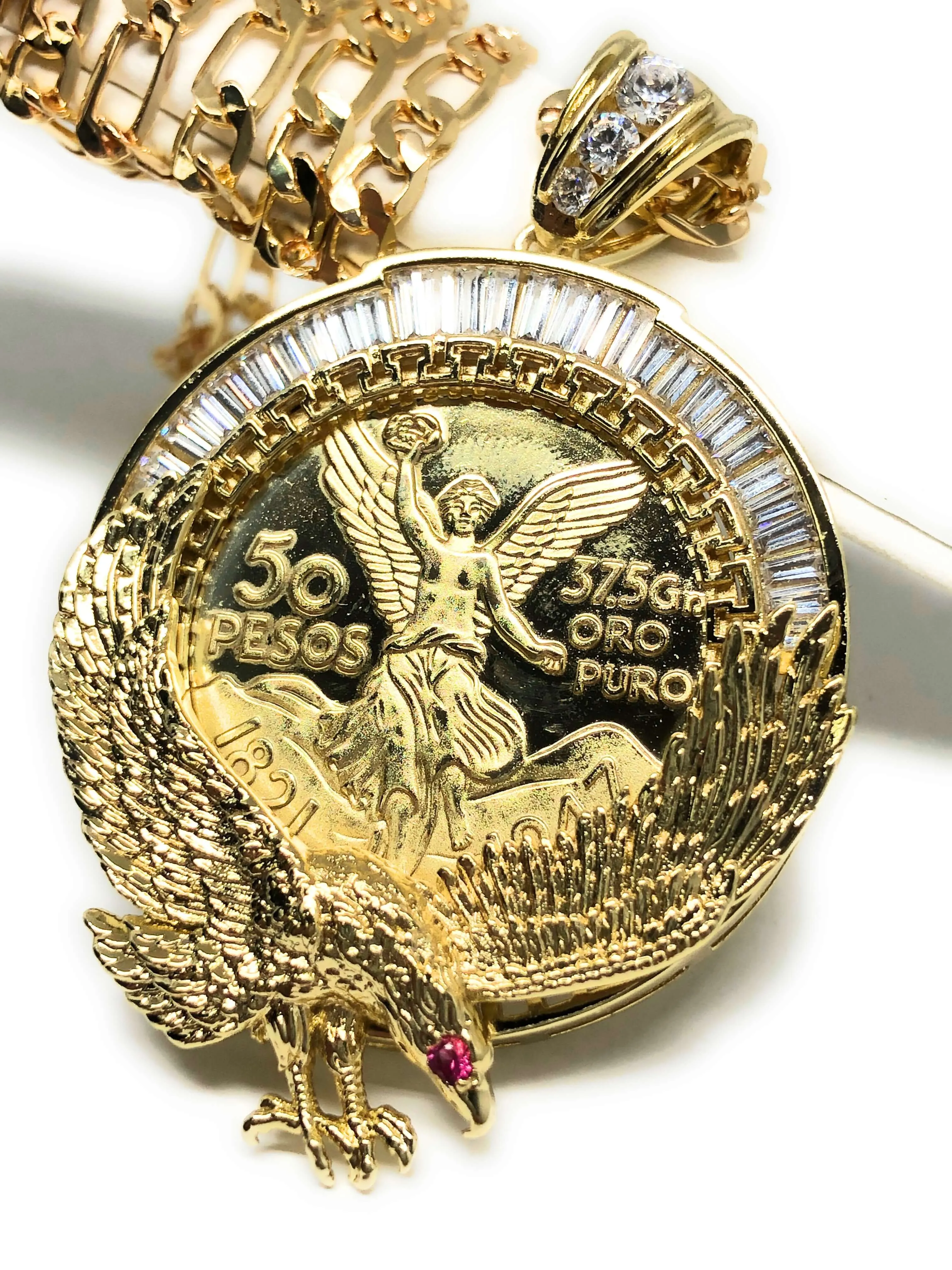 Gold Plated Coin Eagle Centenario Mexicano Moneda 50 Pesos Pendant Chain CZ Oro Cadena 26