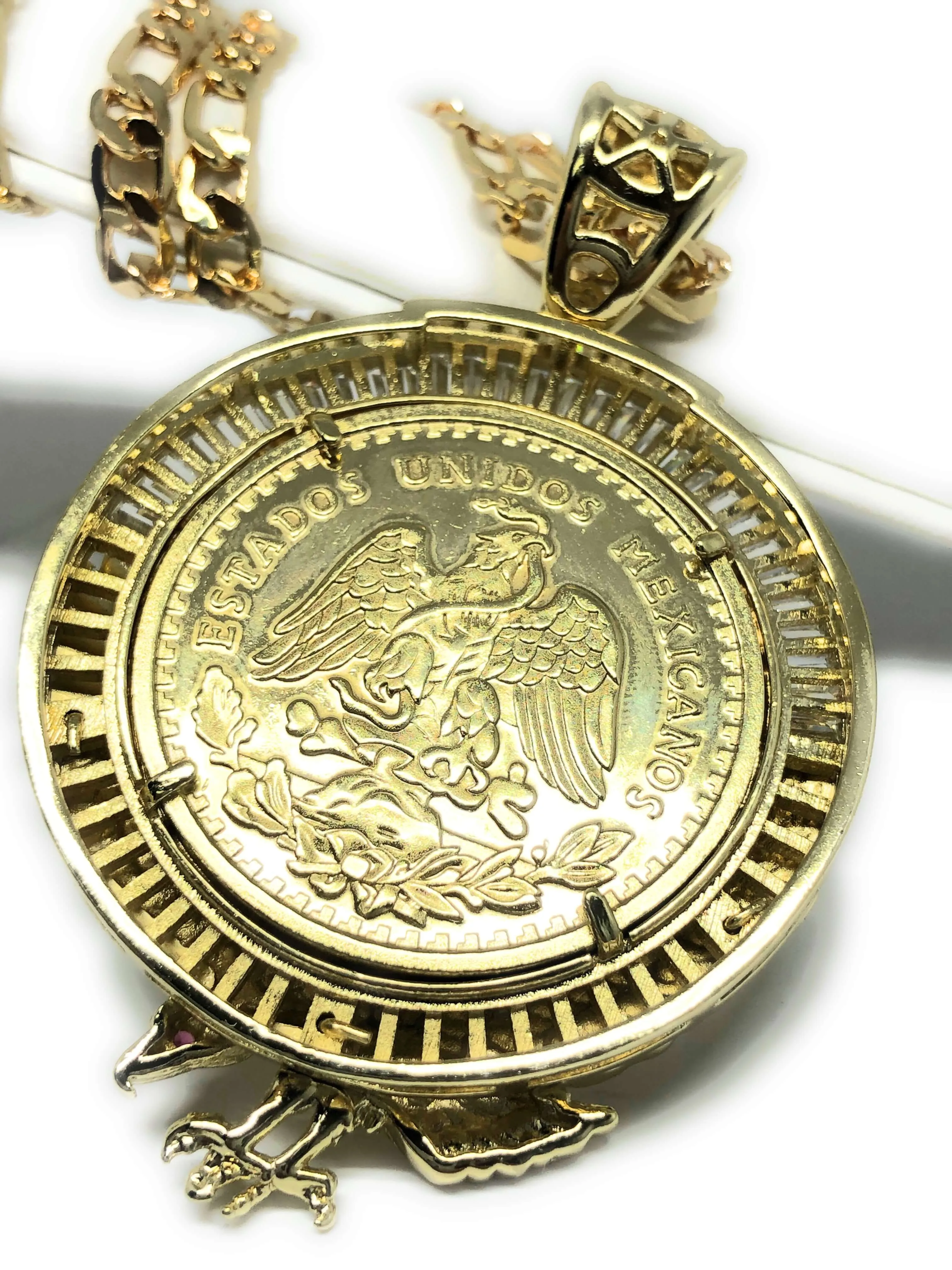 Gold Plated Coin Eagle Centenario Mexicano Moneda 50 Pesos Pendant Chain CZ Oro Cadena 26