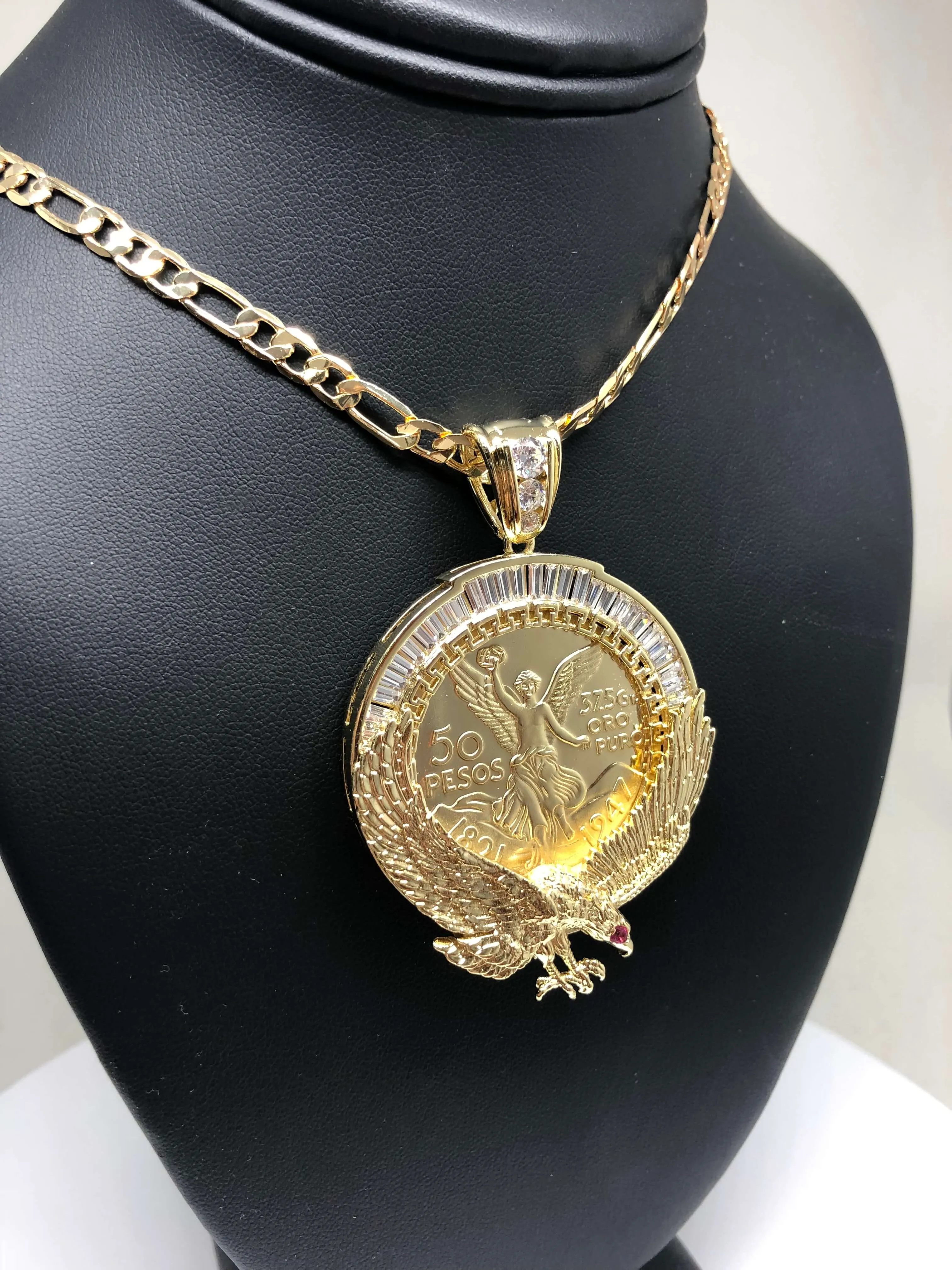 Gold Plated Coin Eagle Centenario Mexicano Moneda 50 Pesos Pendant Chain CZ Oro Cadena 26