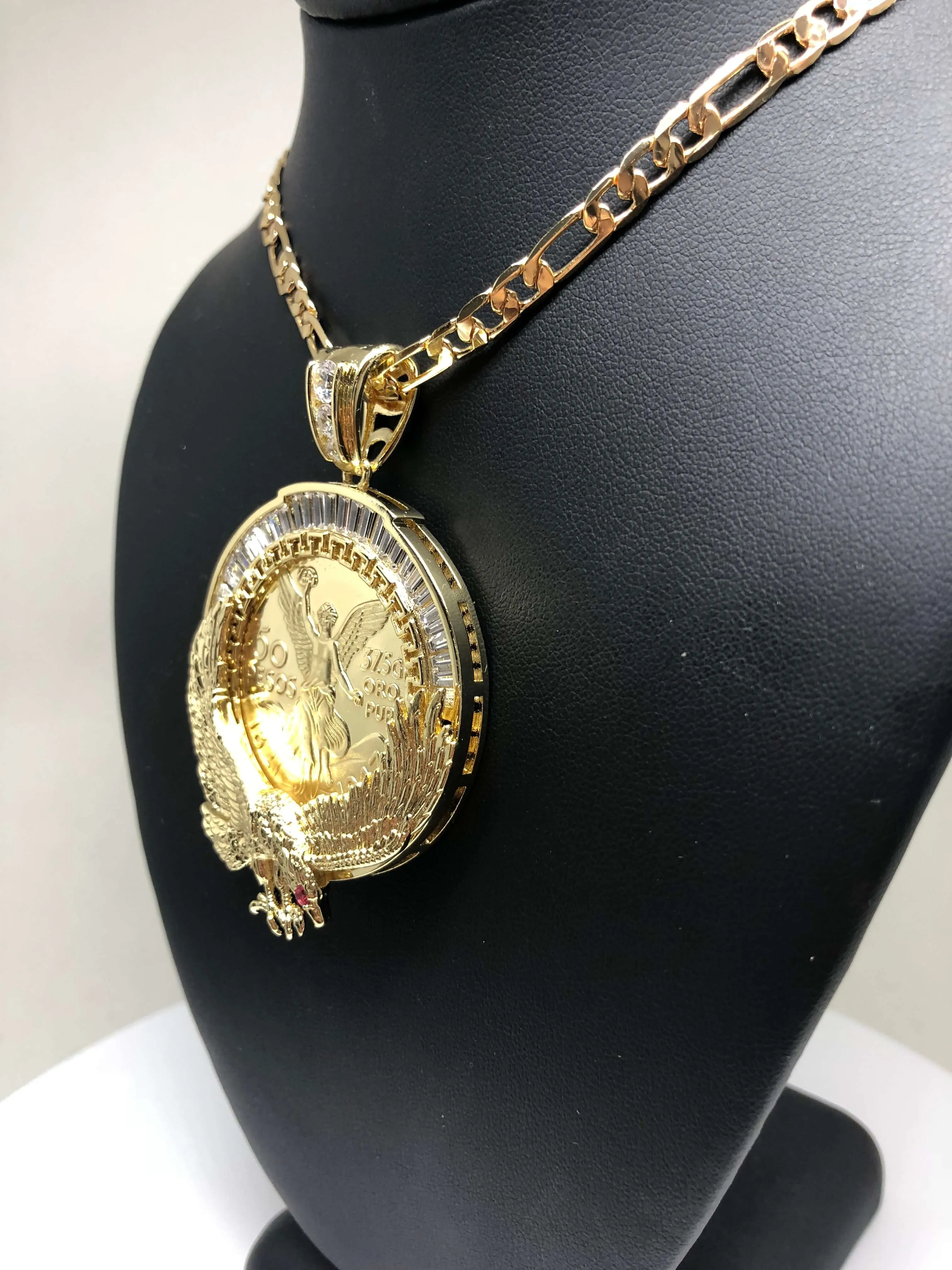 Gold Plated Coin Eagle Centenario Mexicano Moneda 50 Pesos Pendant Chain CZ Oro Cadena 26