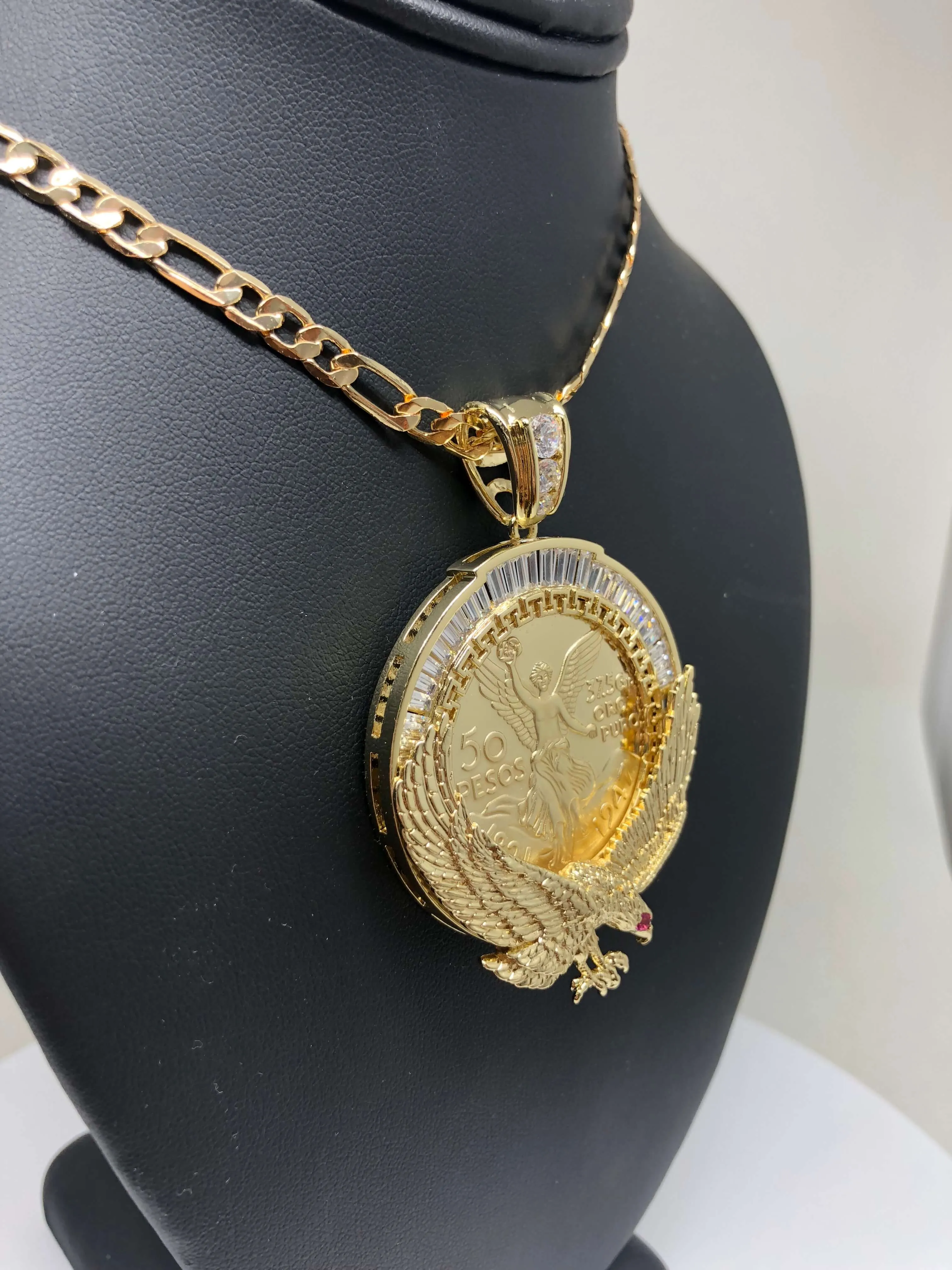 Gold Plated Coin Eagle Centenario Mexicano Moneda 50 Pesos Pendant Chain CZ Oro Cadena 26