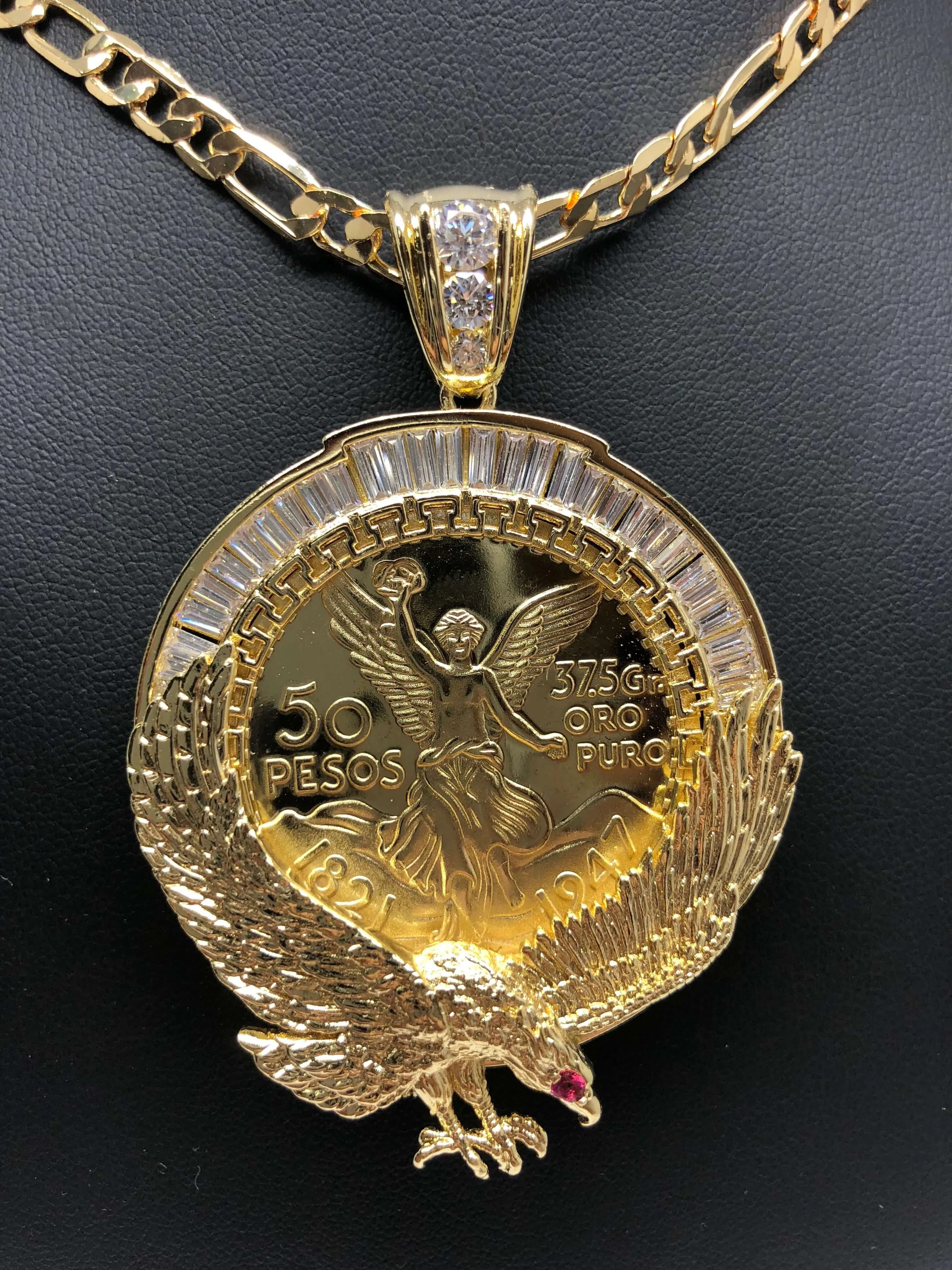 Gold Plated Coin Eagle Centenario Mexicano Moneda 50 Pesos Pendant Chain CZ Oro Cadena 26