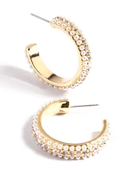 Gold Plated Diamond & Pearl Large Hoop Earrings