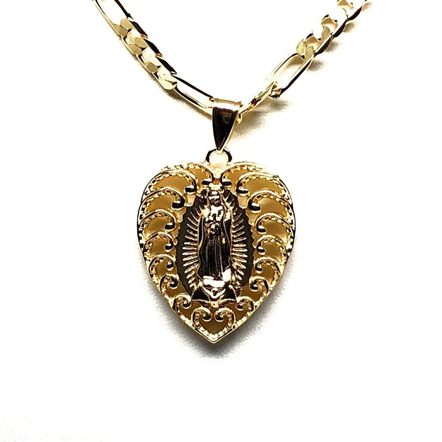 Gold Plated Virgin Mary Heart Pendant Necklace Figaro 26 Corazon Virgen de Guadalupe Medalla Oro Laminado