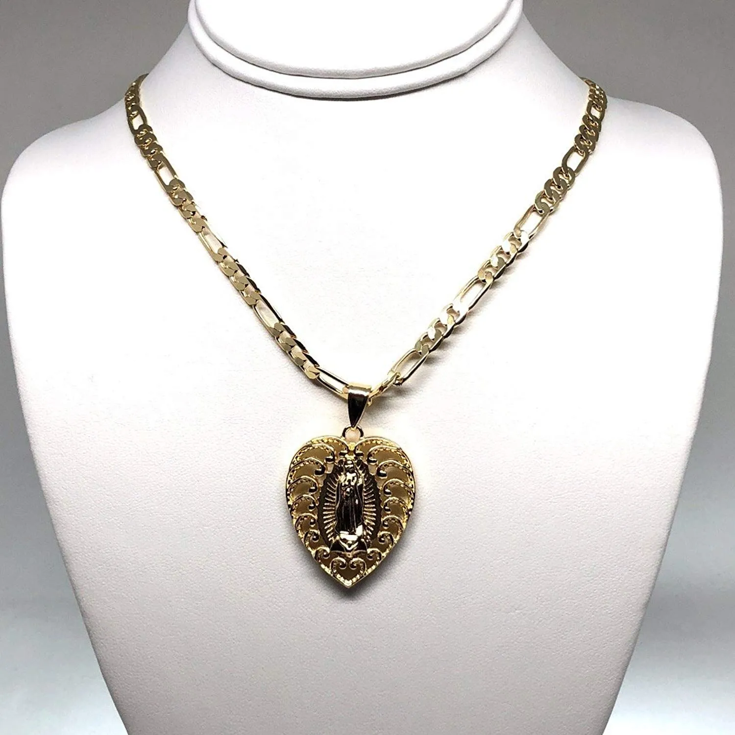 Gold Plated Virgin Mary Heart Pendant Necklace Figaro 26 Corazon Virgen de Guadalupe Medalla Oro Laminado