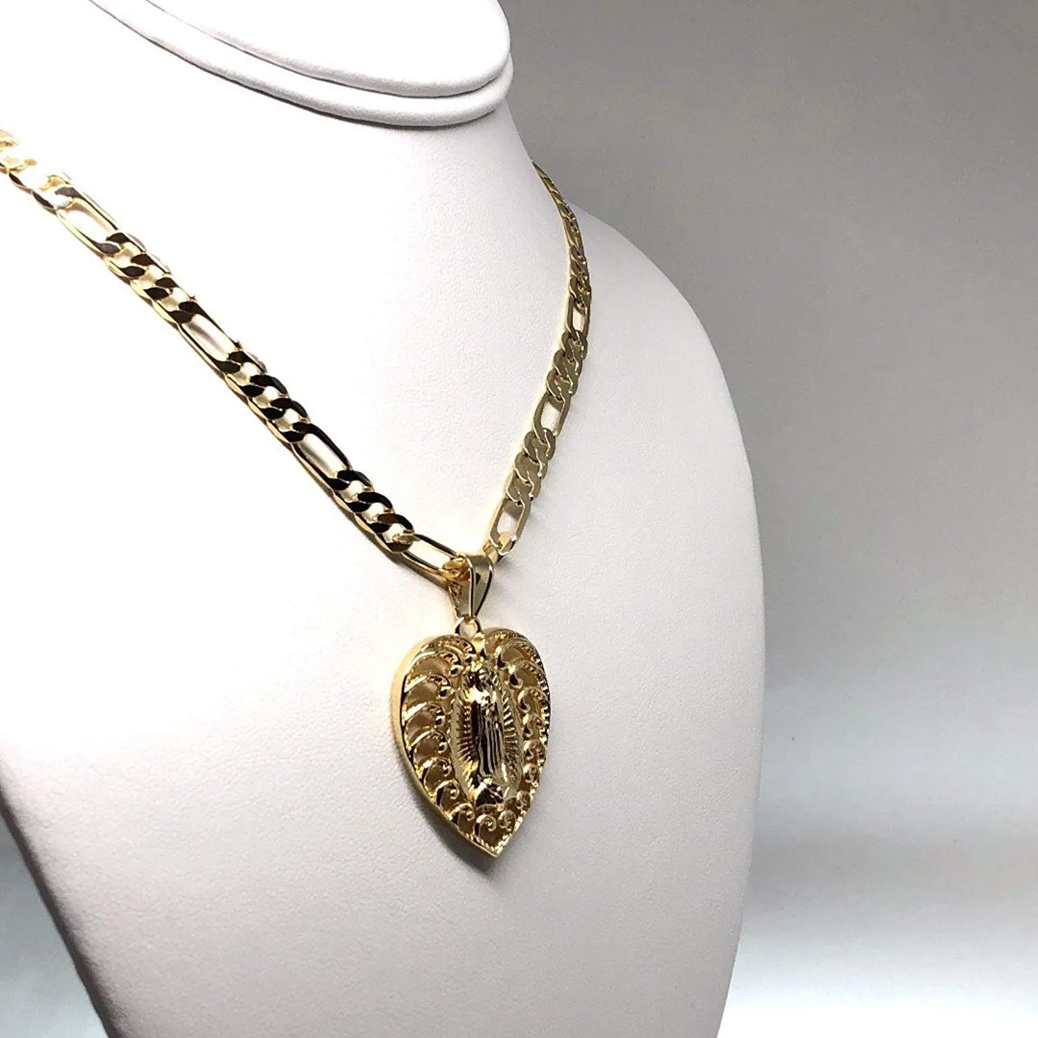 Gold Plated Virgin Mary Heart Pendant Necklace Figaro 26 Corazon Virgen de Guadalupe Medalla Oro Laminado