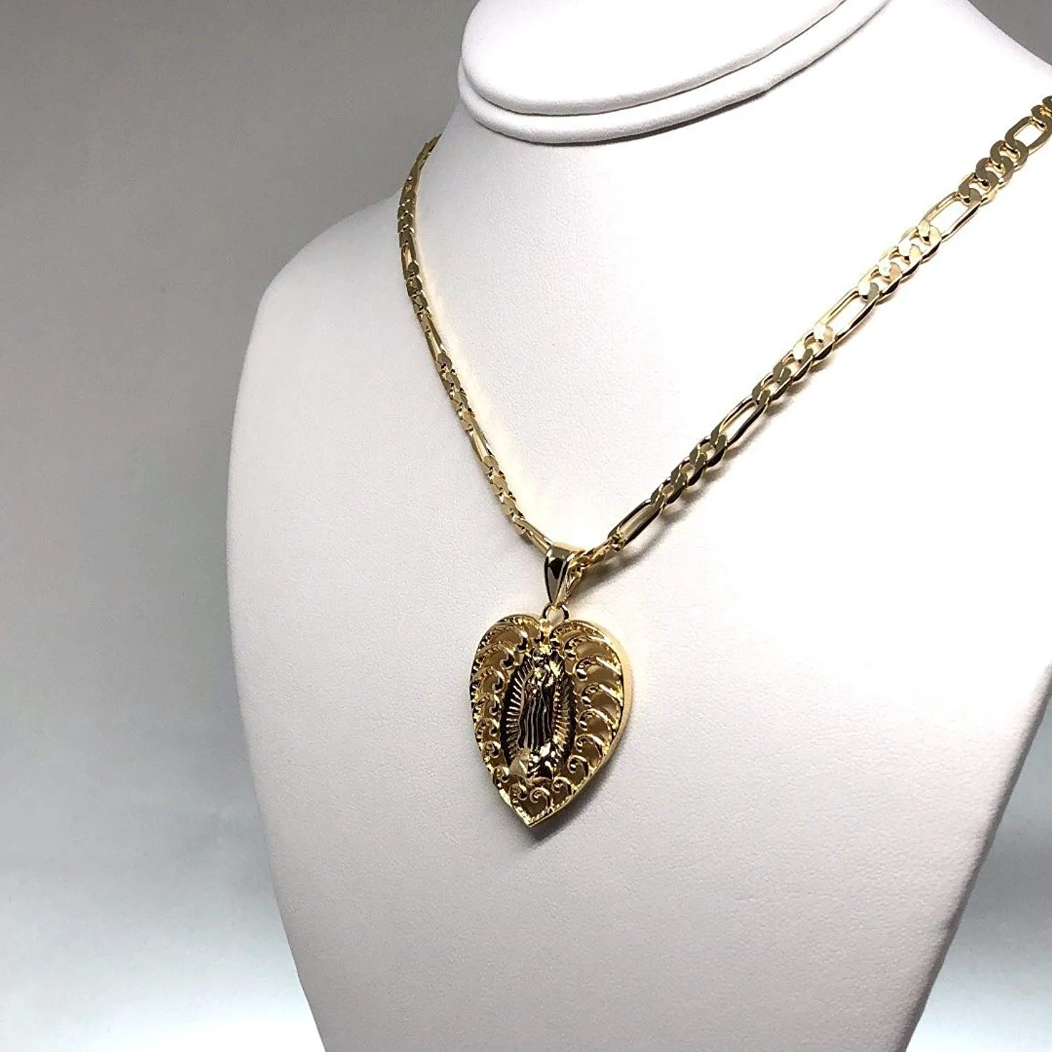 Gold Plated Virgin Mary Heart Pendant Necklace Figaro 26 Corazon Virgen de Guadalupe Medalla Oro Laminado