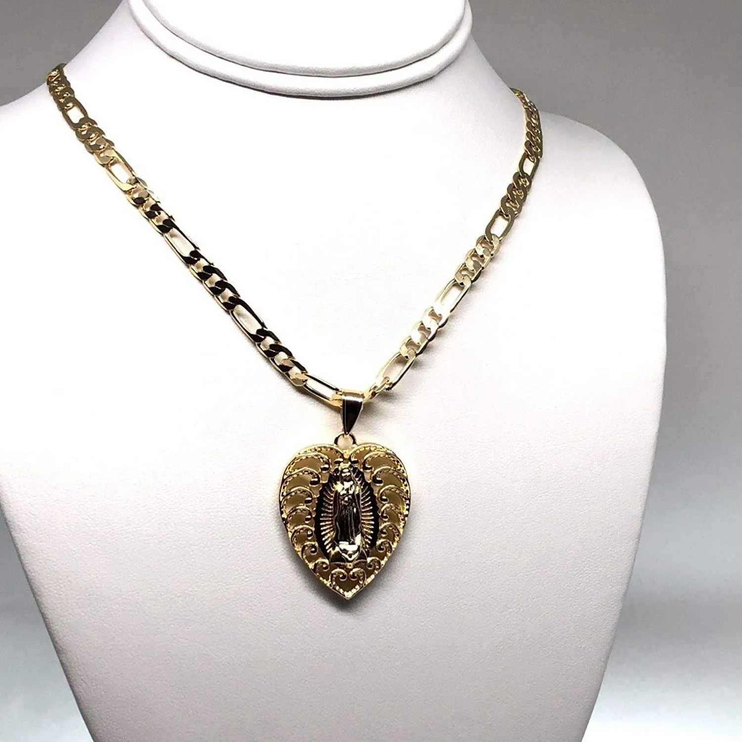 Gold Plated Virgin Mary Heart Pendant Necklace Figaro 26 Corazon Virgen de Guadalupe Medalla Oro Laminado