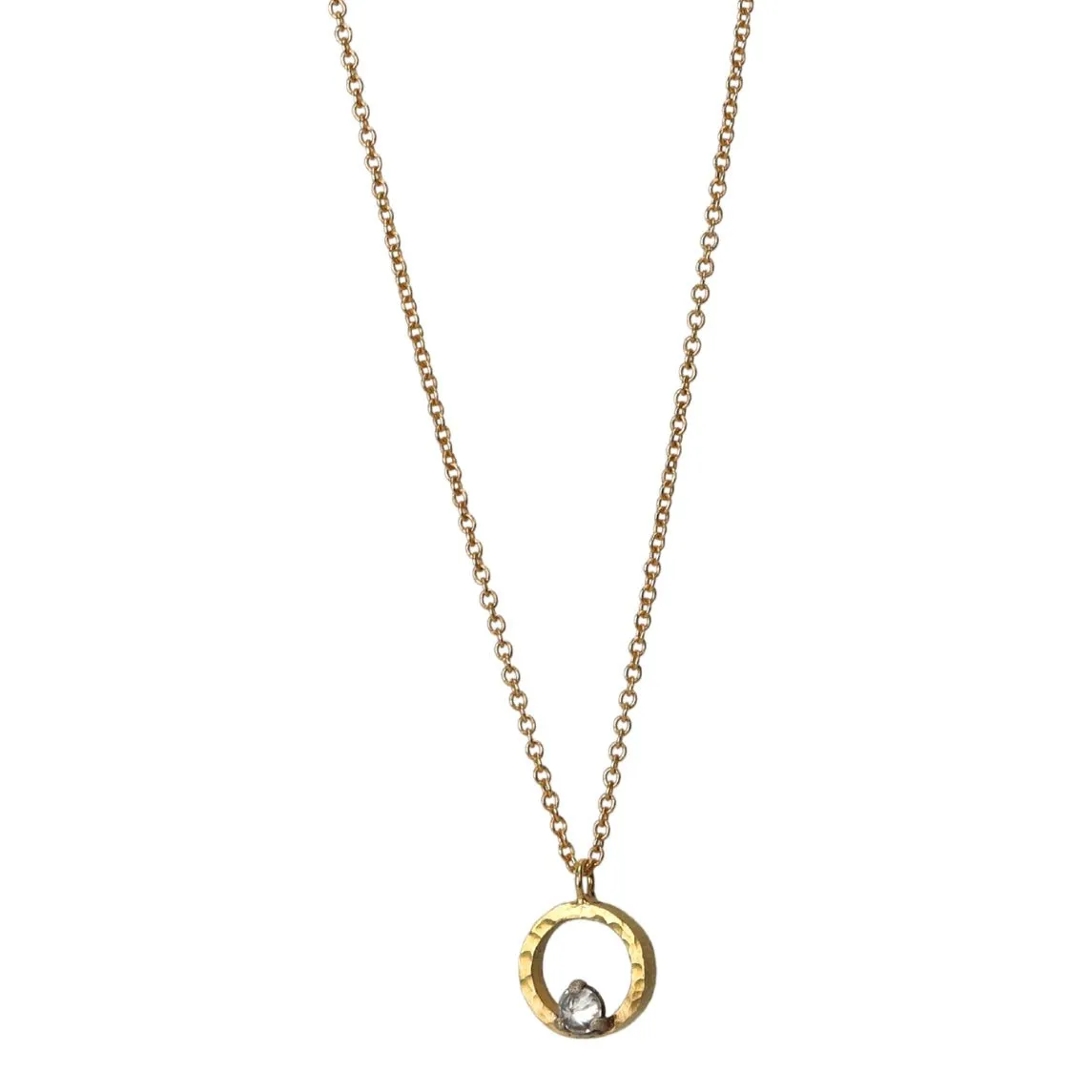 Hammered Open Circle Necklace with Single Inverted Diamond