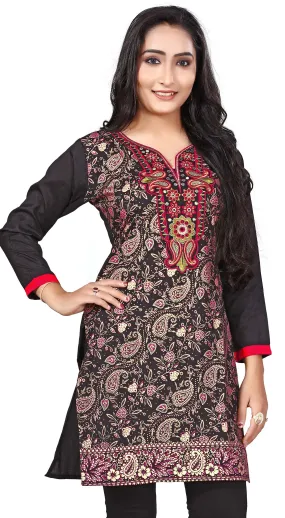 India Tunic Top Long  Kurti Womens Embroidered Indian Clothing (Black)