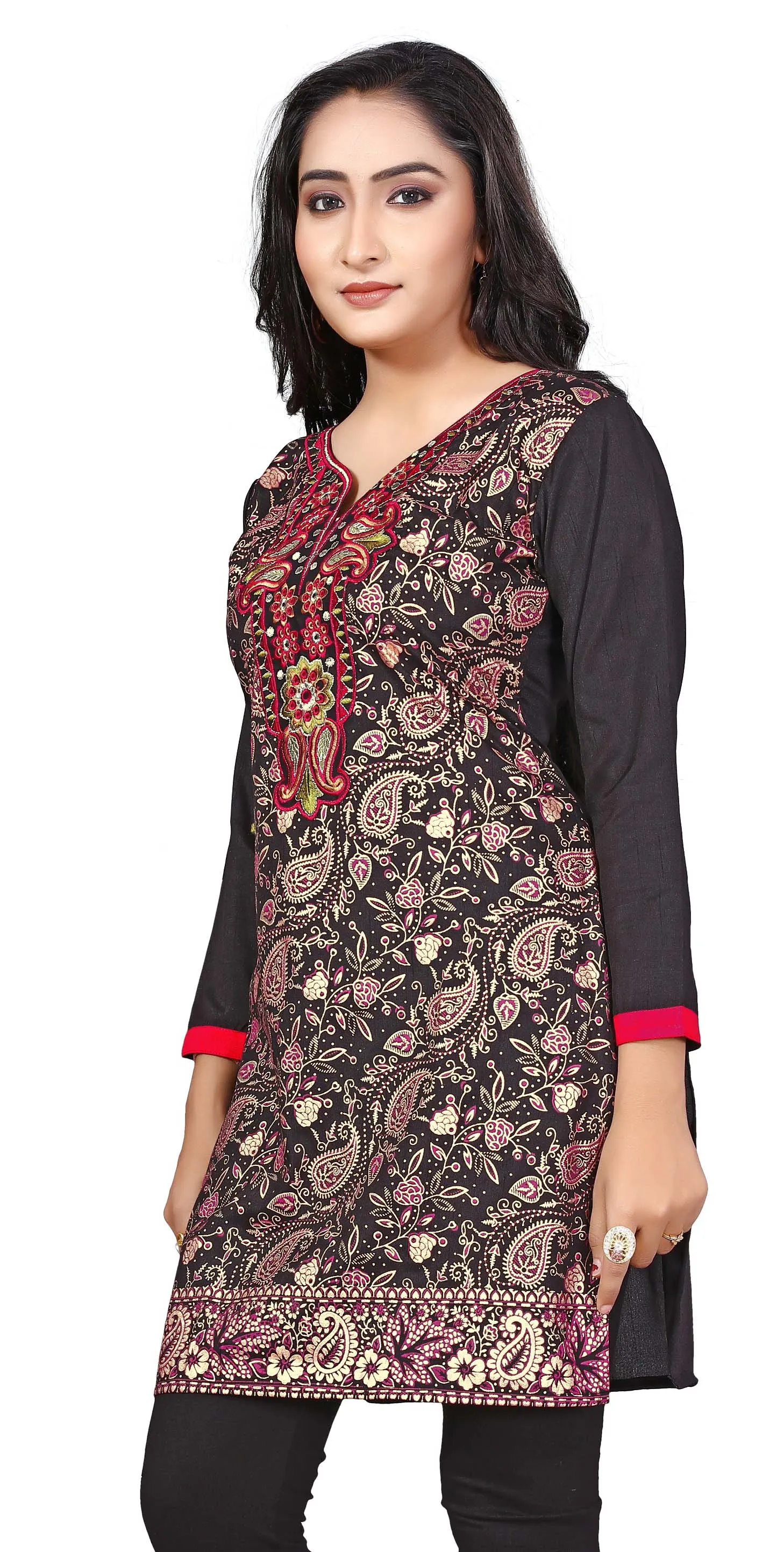 India Tunic Top Long  Kurti Womens Embroidered Indian Clothing (Black)